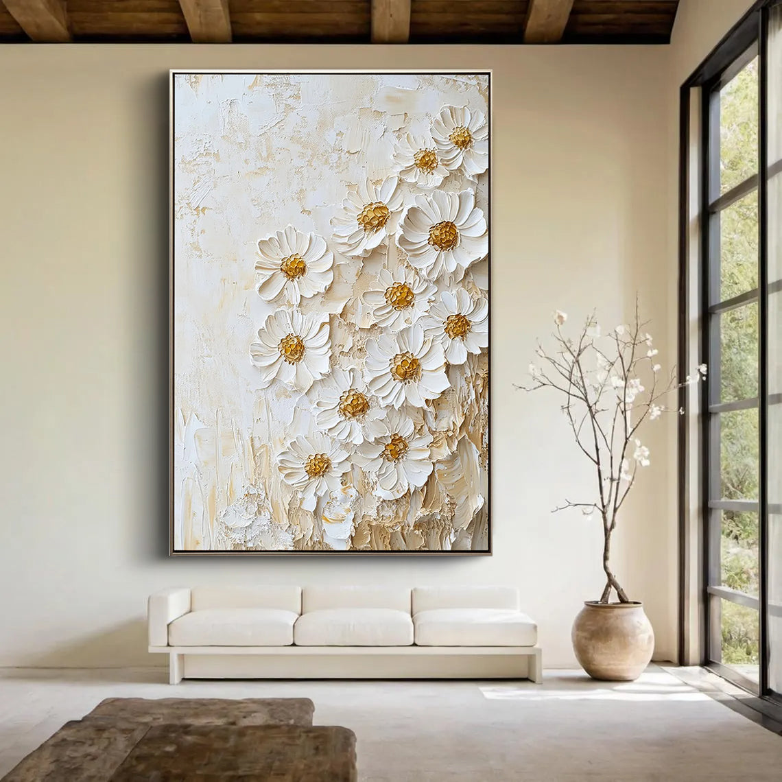 PURE ELEGANCE: 3D Floral Wall Art, Creamy White Plaster Effect Impasto Daisy Art Painting