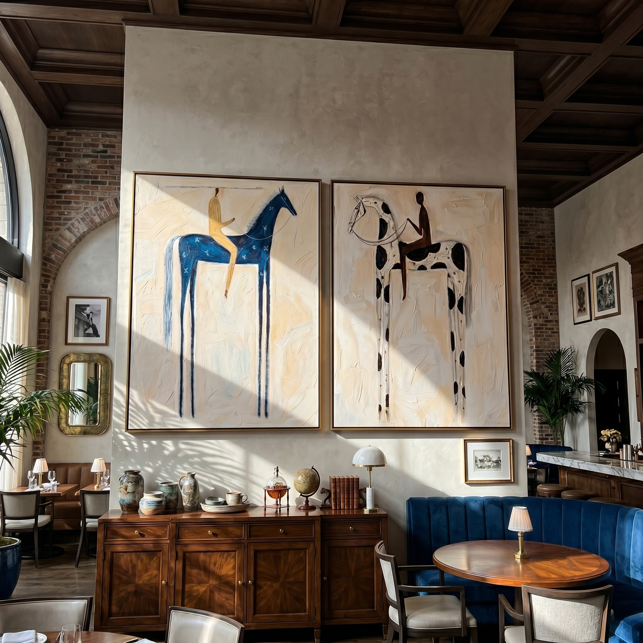 Blue & Spot Diptych – Vintage Americana Two Folk Riders Two-Panel Painting | Wabi-Sabi Living Room Art
