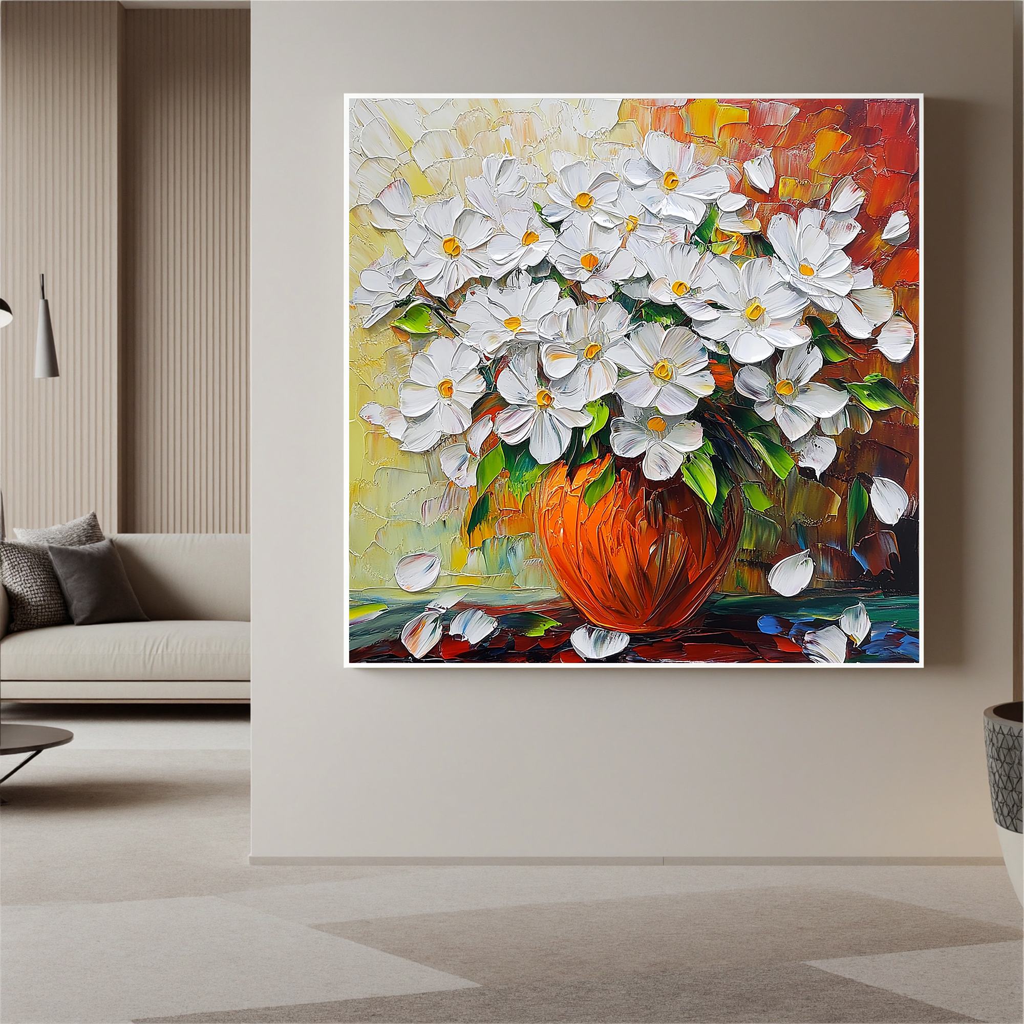 Sun-Drenched Bloom – Modern Impressionist Textured Daisy Painting | Vibrant Warm Tone Living Room Art