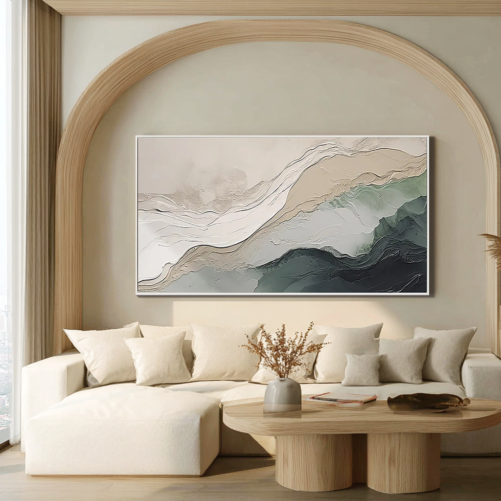 Serene Ridge – Hand-Painted Sage Green and Beige Plaster Effect Relief Landscape Painting | Contemporary Landscape Living Room & Dining Room Art