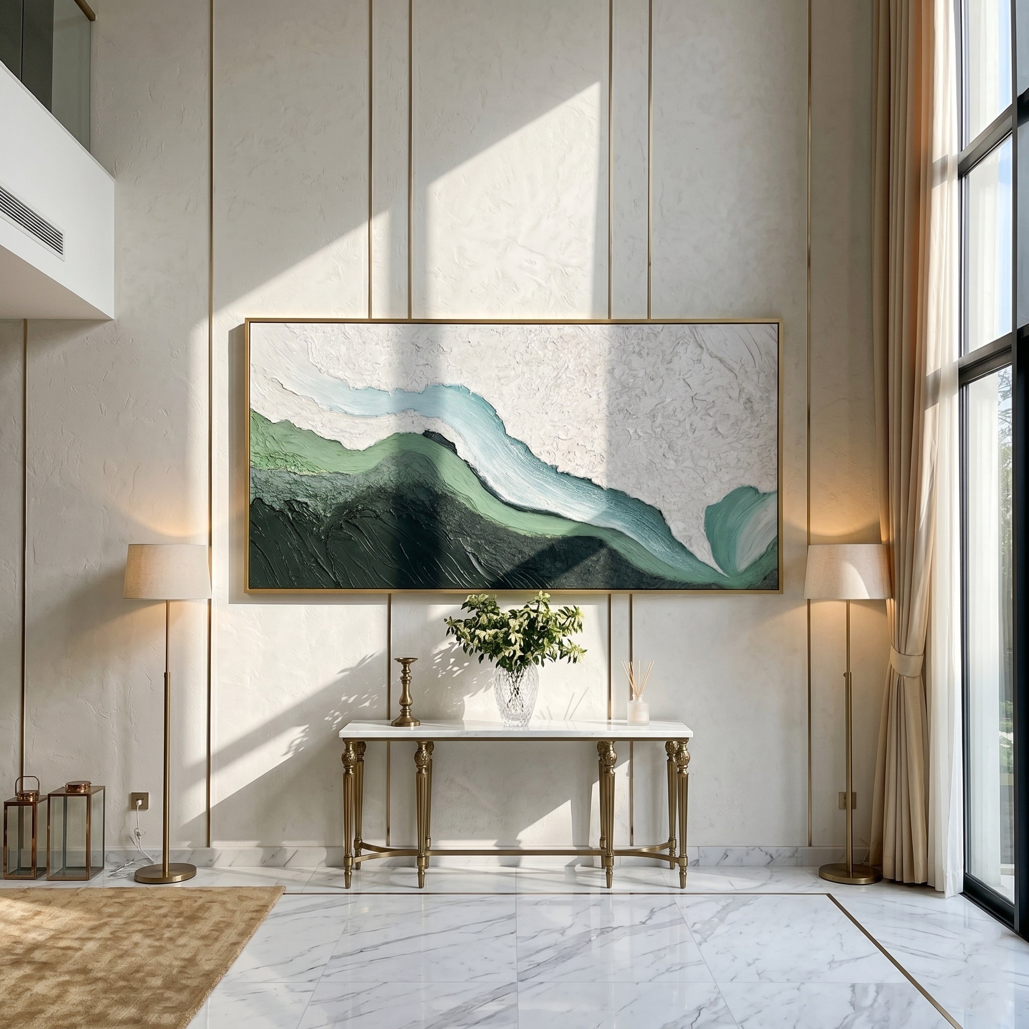Mossy Earth – Panoramic Heavy Texture Green Abstract Painting | Wabi-sabi Nature Inspired Living Room Art