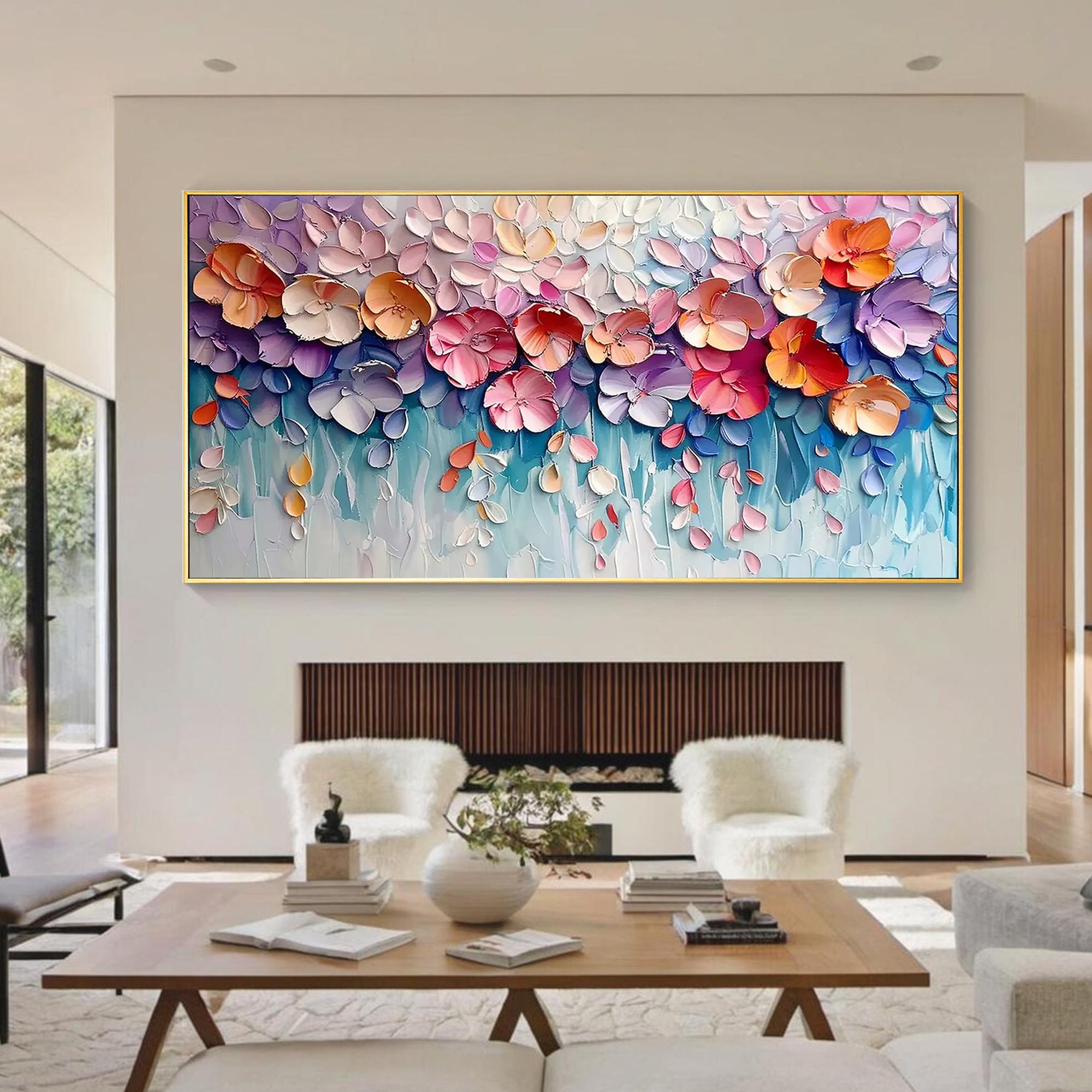 Flora’s Reverie – Modern 3D Impasto Pastel Floral Art | Romantic Living Room Horizontal Canvas