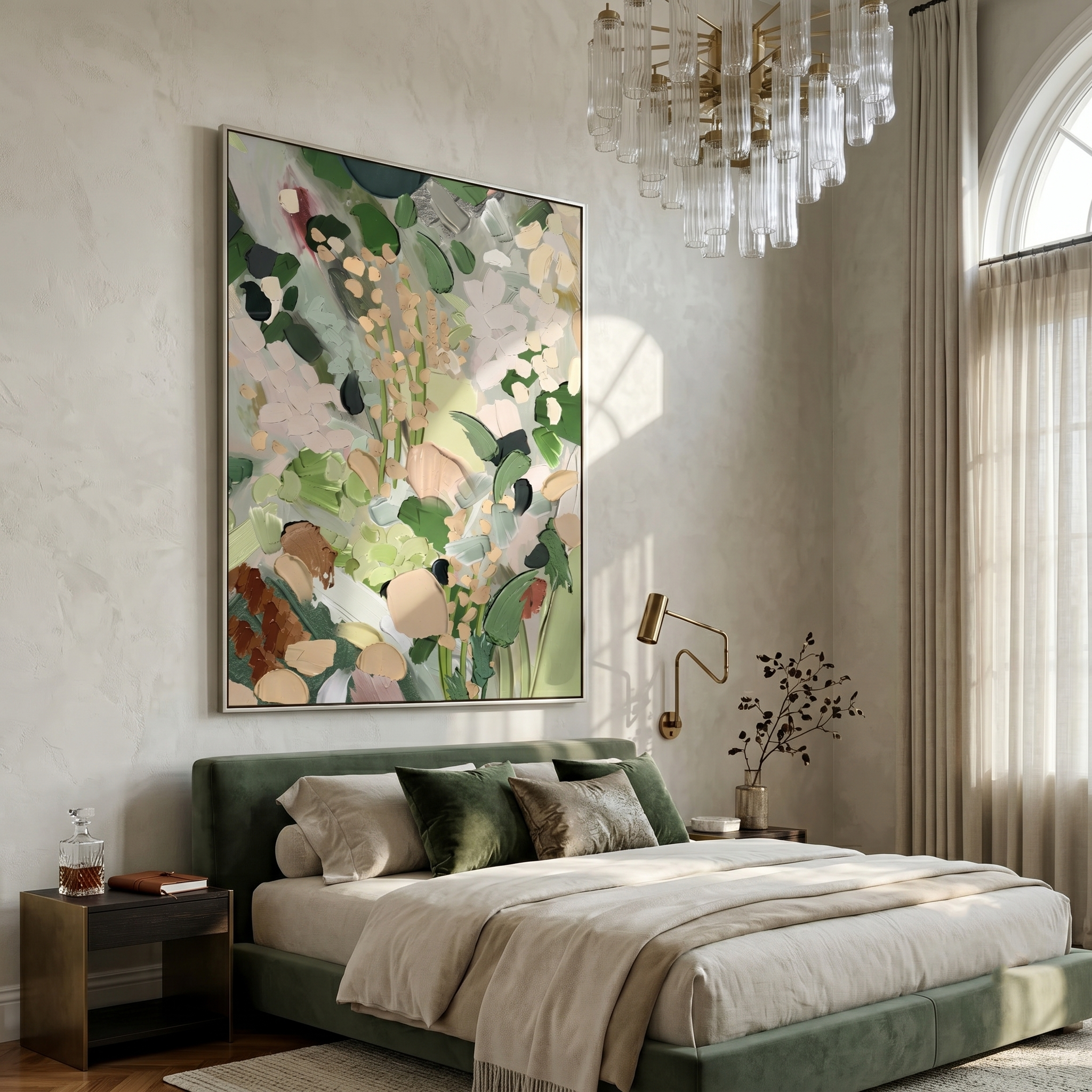 The Secret Garden – Modern Sage Green Impasto Floral Painting | Organic Living Room Vertical Canvas Art