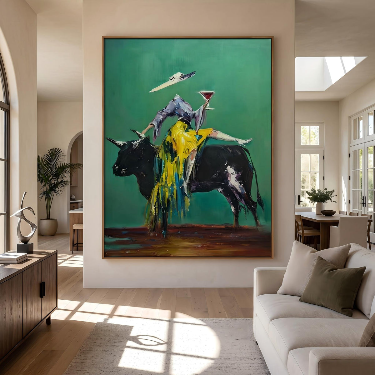 Emerald Bull Toast Society – Pop Art Bull and Western Figures Painting | Colorful Vertical Wall Art