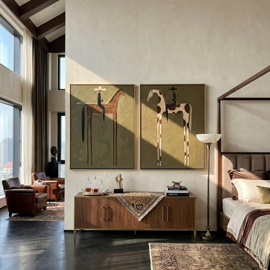 Olive Pair Diptych – Vintage Americana Two Folk Riders Two-Panel Painting | Wabi-Sabi Living Room Art