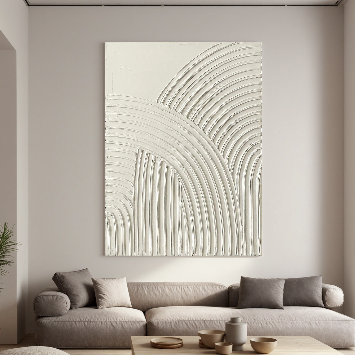 Sacred Arches – Minimalist Cream White Arch Textured Painting | Modern Geometric Plaster Hallway Art