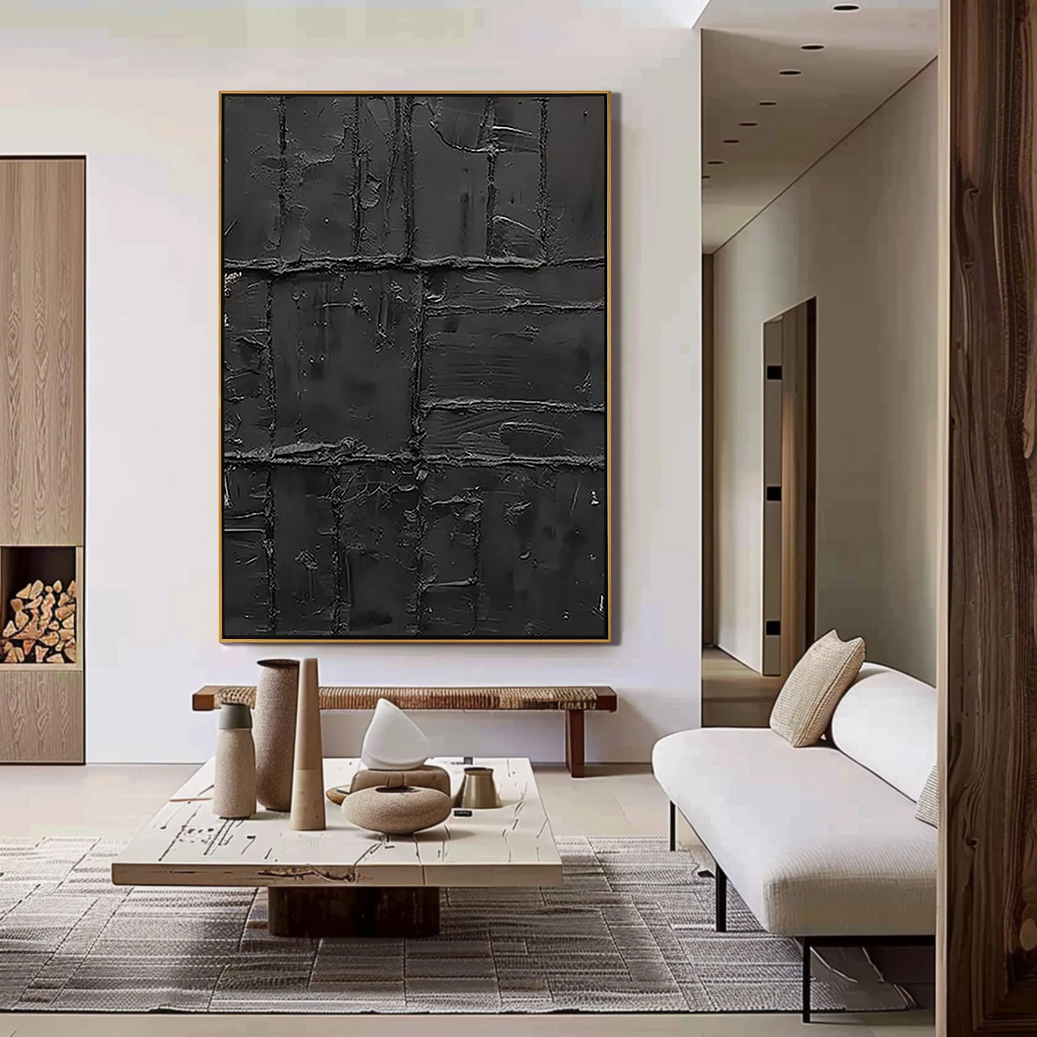 Noir Vestige – Hand-Painted All-Black Distressed Plaster Effect Relief Wabi-Sabi Painting | Modern Noir Wabi-Sabi Living Room & Home Office Art