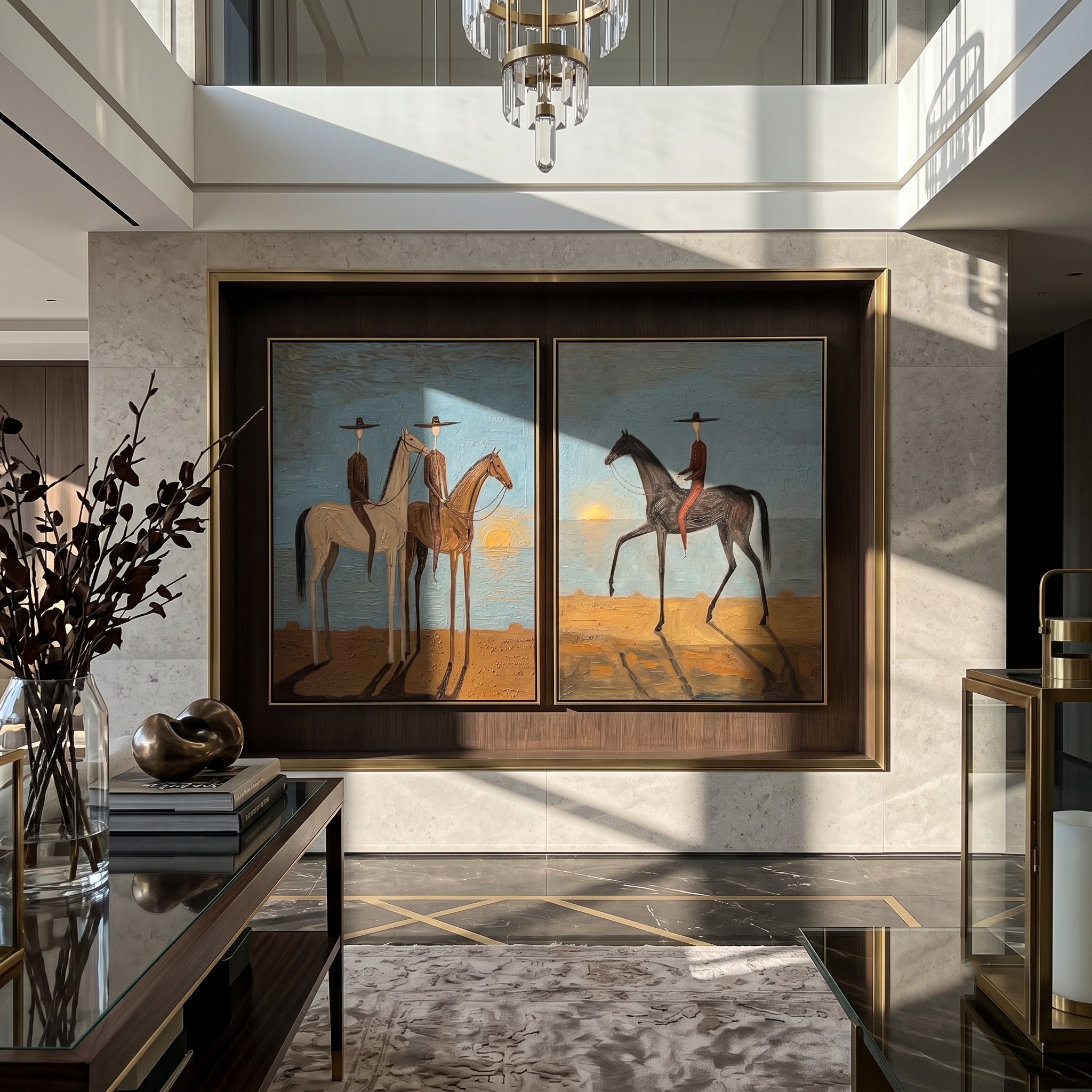 Dusk Riders Diptych – Vintage Americana Cowboys at Sunset Two-Panel Painting | Atmospheric Western Living Room Art