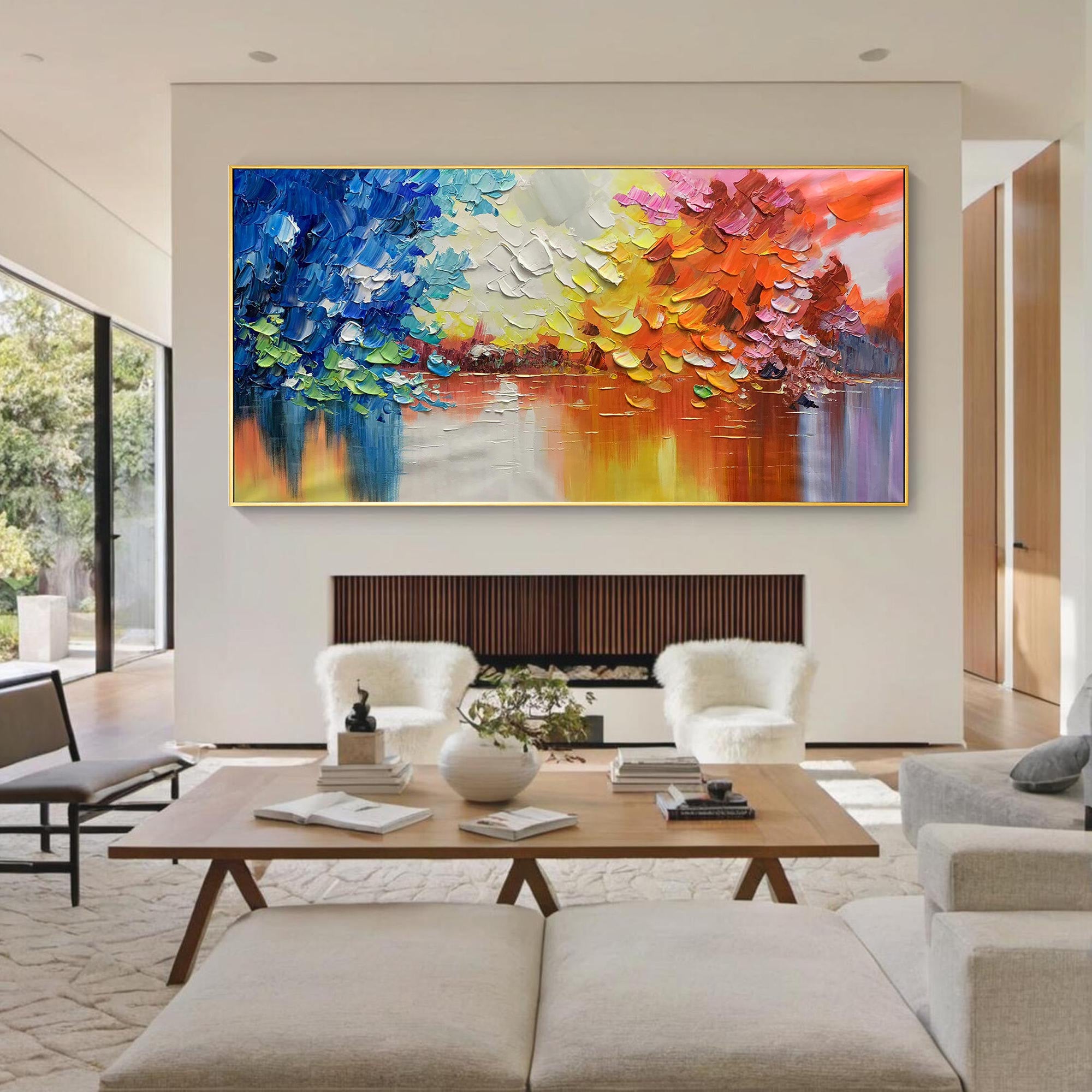 Spectrum Harbor – Hand-Painted Impressionist Multicolored Palette Knife Impasto Oil Abstract Painting | Bold Abstract Palette Knife Living Room Art