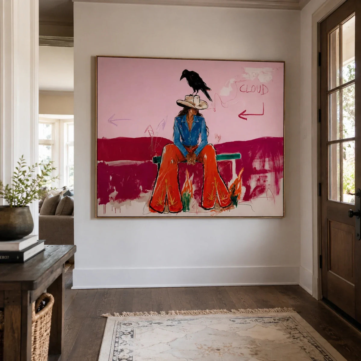 Cowgirl Waits Below Clouds – Pop Art Seated Cowgirl Painting | Pink Horizontal Western Wall Art