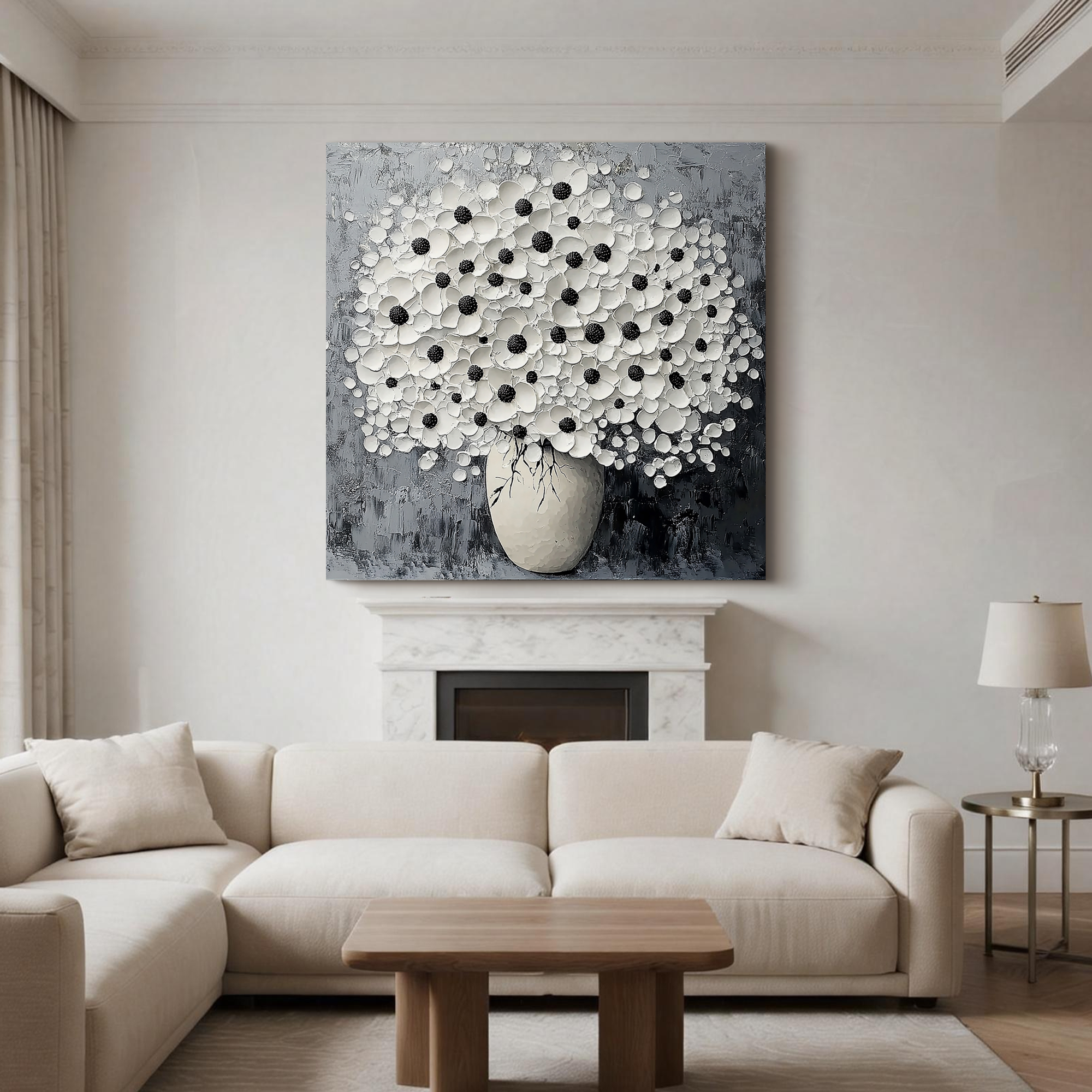 Monochrome Bloom – Modern Textured Black and White Floral Painting | Minimalist Impasto Still Life Vase Hallway Art