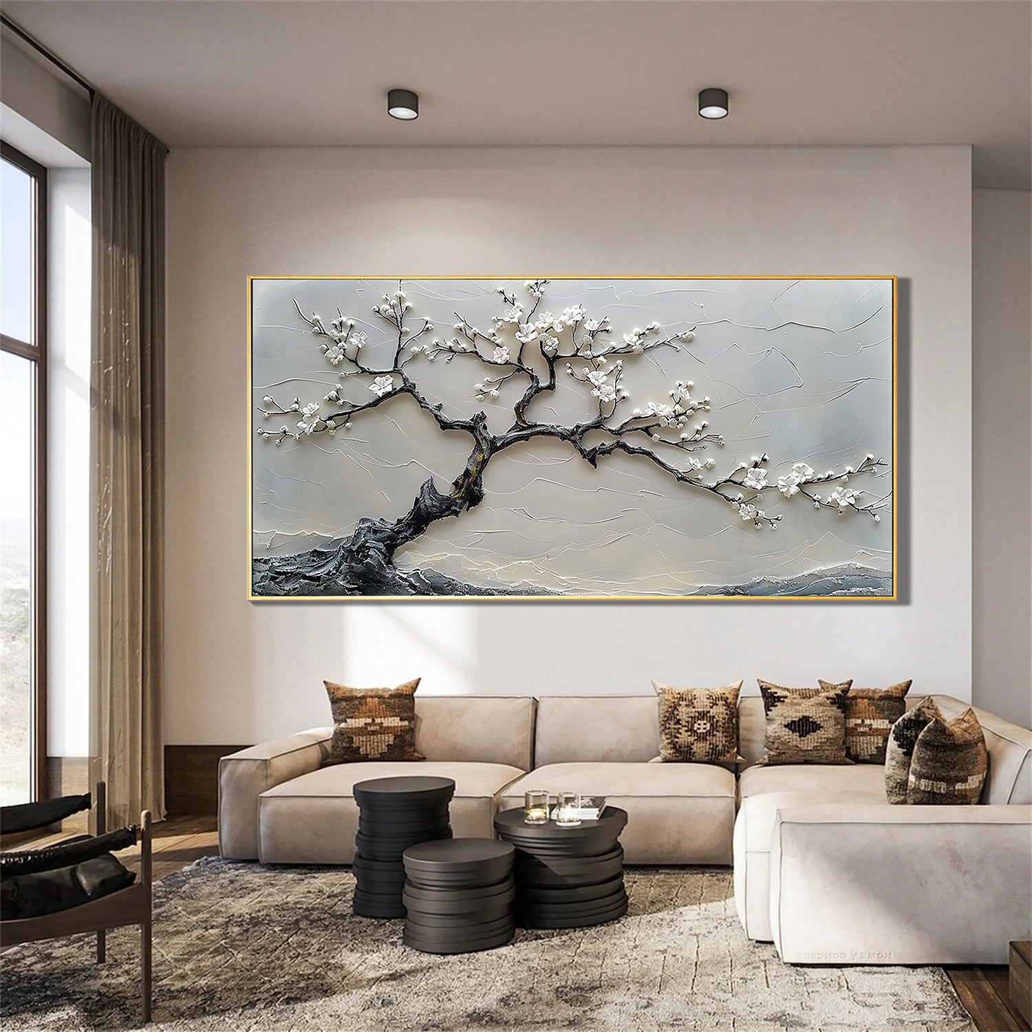 Winter Blossom – Luxury High-Relief Stark Black and White Painting | Panoramic Botanical Living Room Art