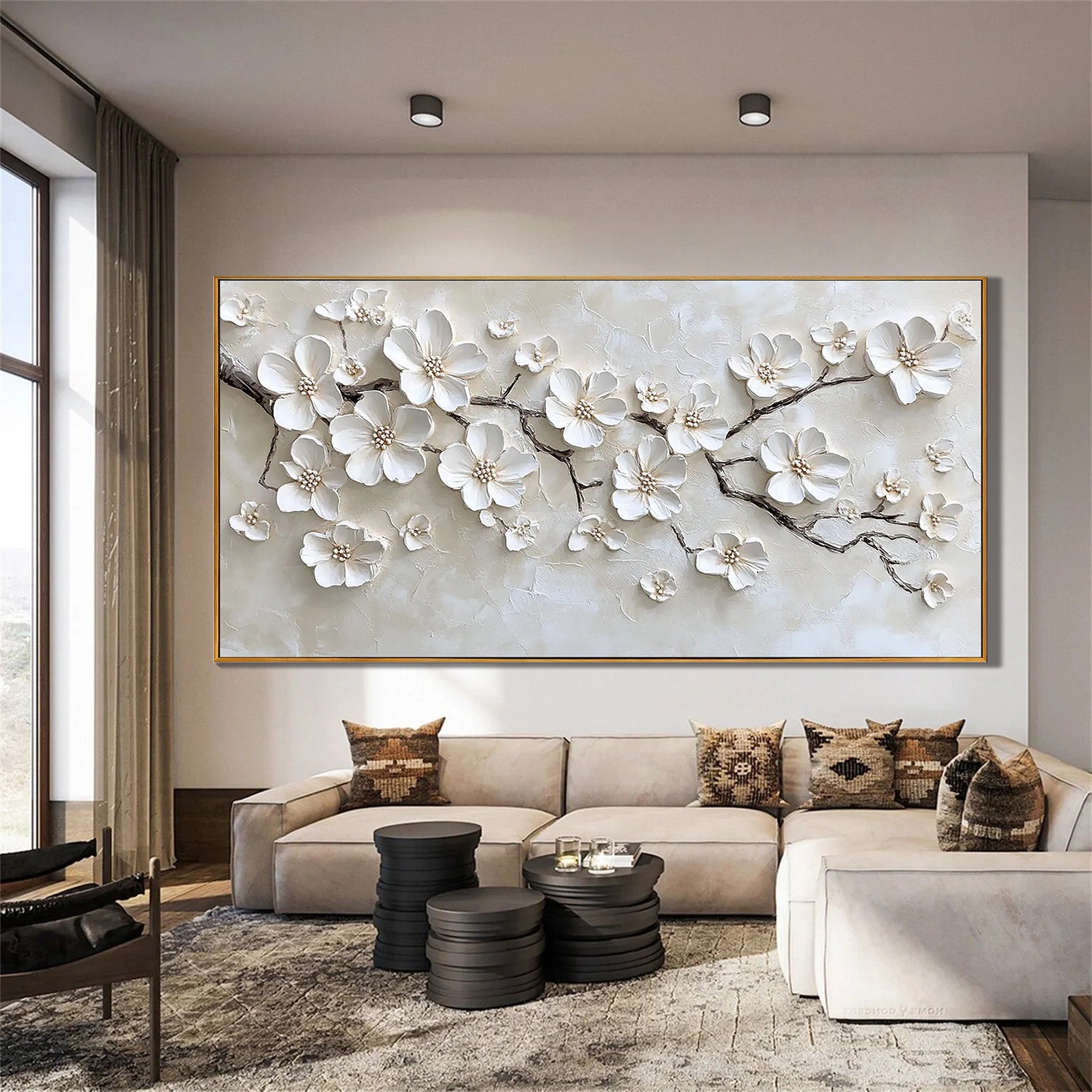 Serene Blossoms – Modern Luxury Creamy Beige Blossom Tree Painting |Horizontal Textured Dining Room Art