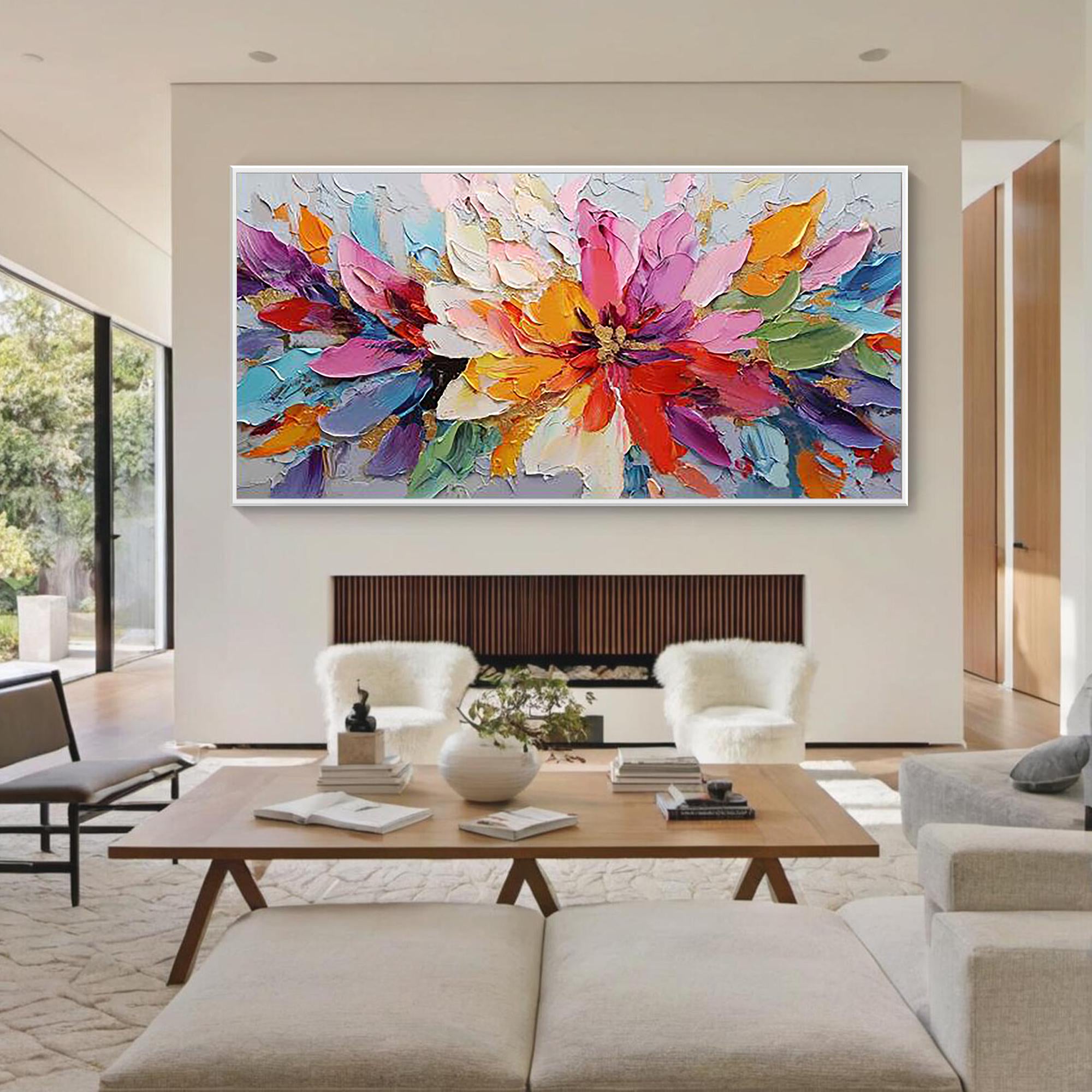 Vibrant Eruption – Modern Abstract Expressionist Oil Painting | Impasto Floral Texture Living Room Art