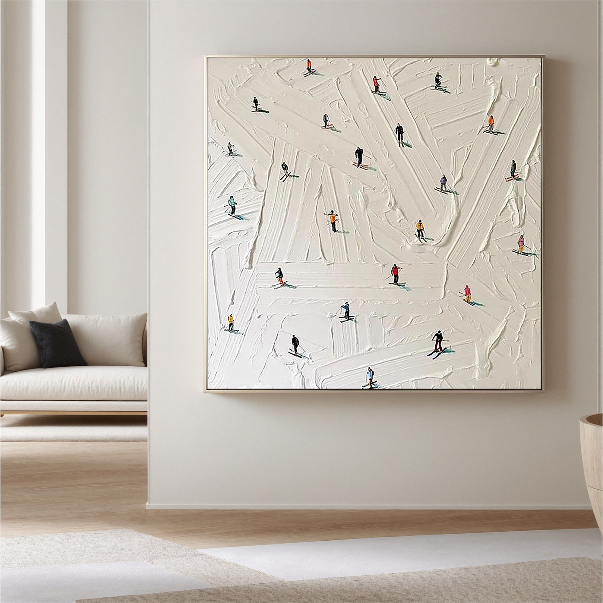 Winter Slopes – Modern Textured Skiing Scene Painting | Minimalist Miniature Figures Entryway Art
