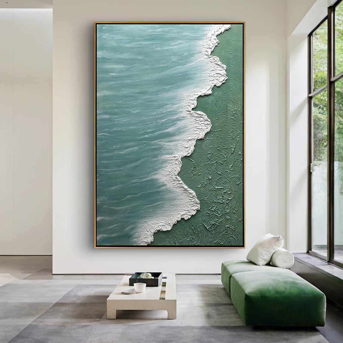 AZURE SURF: Heavy Impasto Seascape Oil Painting, Teal Blue Ocean Wave Wall Art