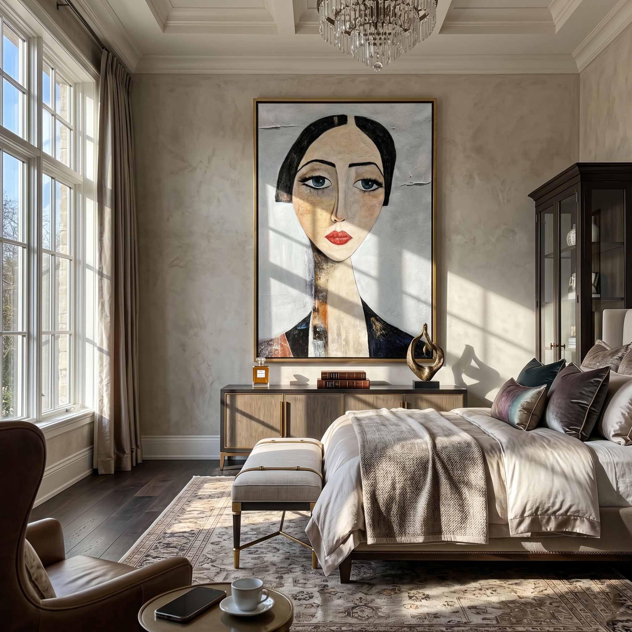 The Sapphire Gaze – Expressionist Modigliani-Style Woman Portrait Painting | Retro Minimalist Living Hallway Art