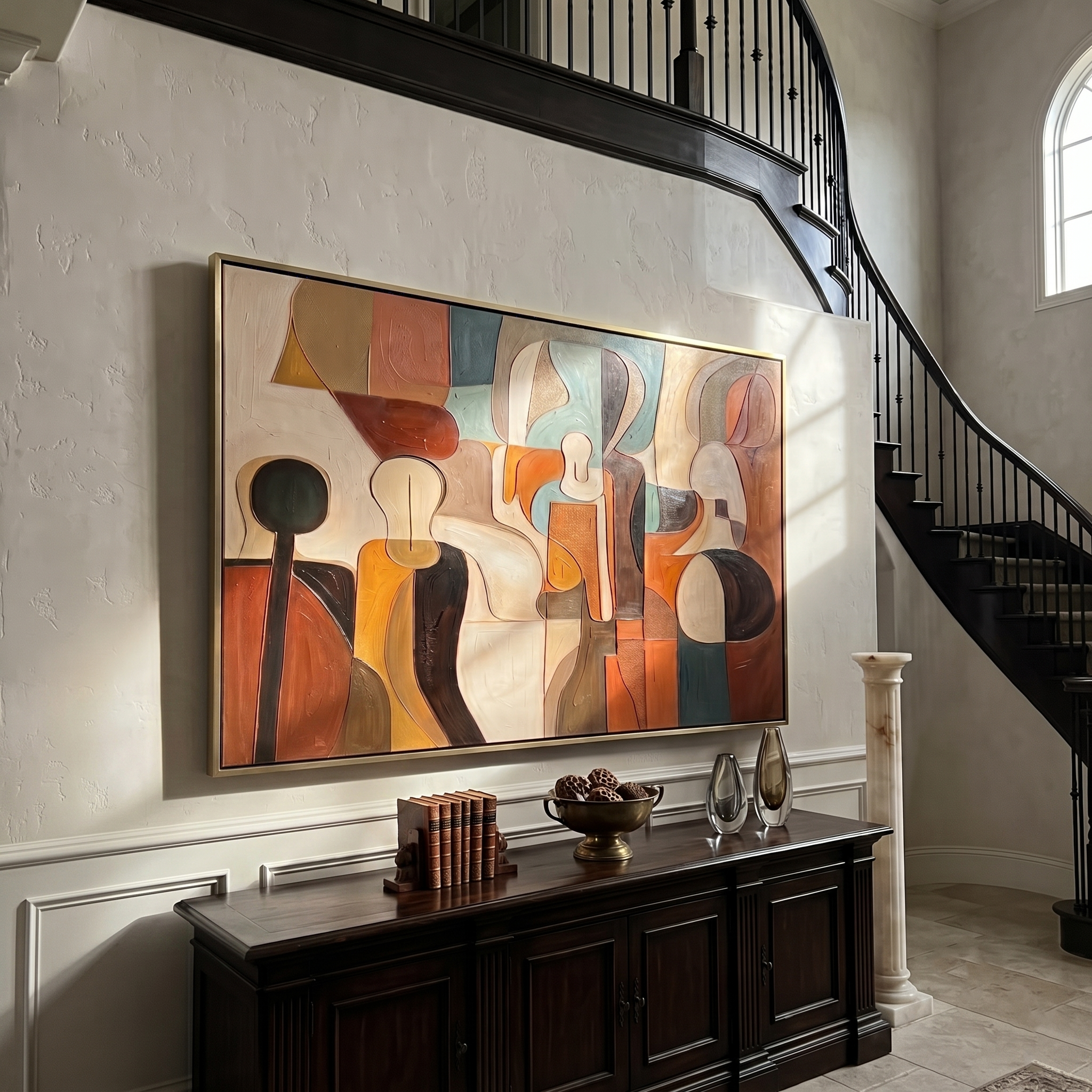 The Gathering Form – Earth-Tone Abstract Cubist Painting | Mid-Century Modern Living Room Art