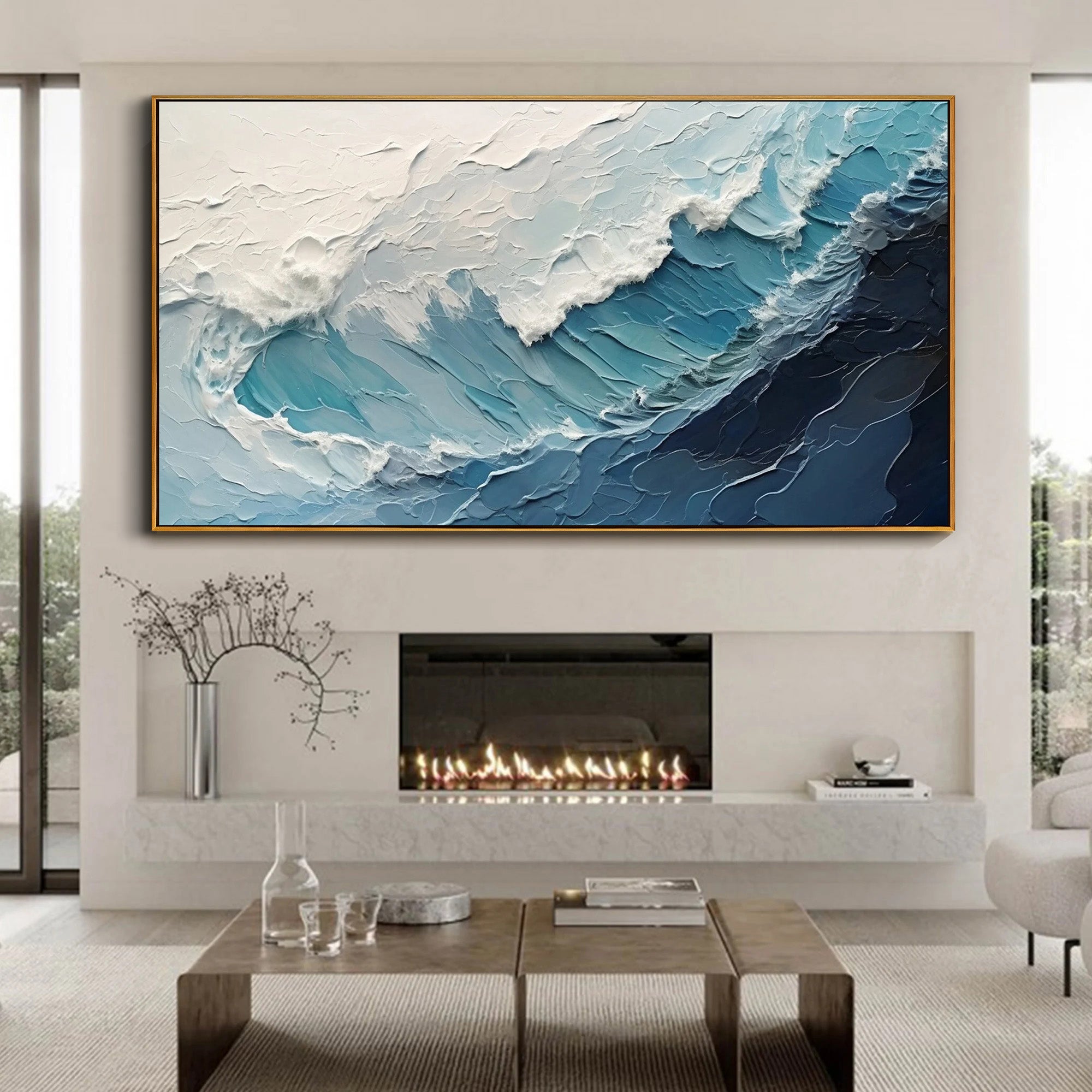 Ocean Surge – Hand-Painted Blue and White Ocean Wave Palette Knife Seascape Painting | Coastal Modern Living Room & Bedroom Art