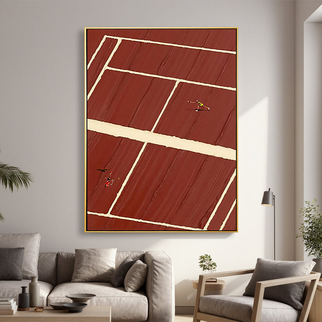 Clay Court – Minimalist Red Clay Tennis Court Hand-Painted Geometric Sport Painting | Contemporary Sport Home Office & Living Room Art