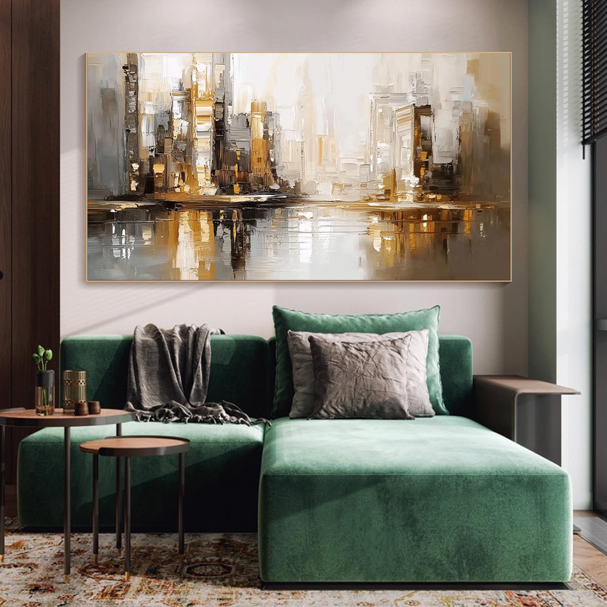 URBAN GOLD: Cityscape Wall Art, Hand-Painted Industrial Gold and Grey Skyline Palette Knife Heavy Texture Canvas Painting
