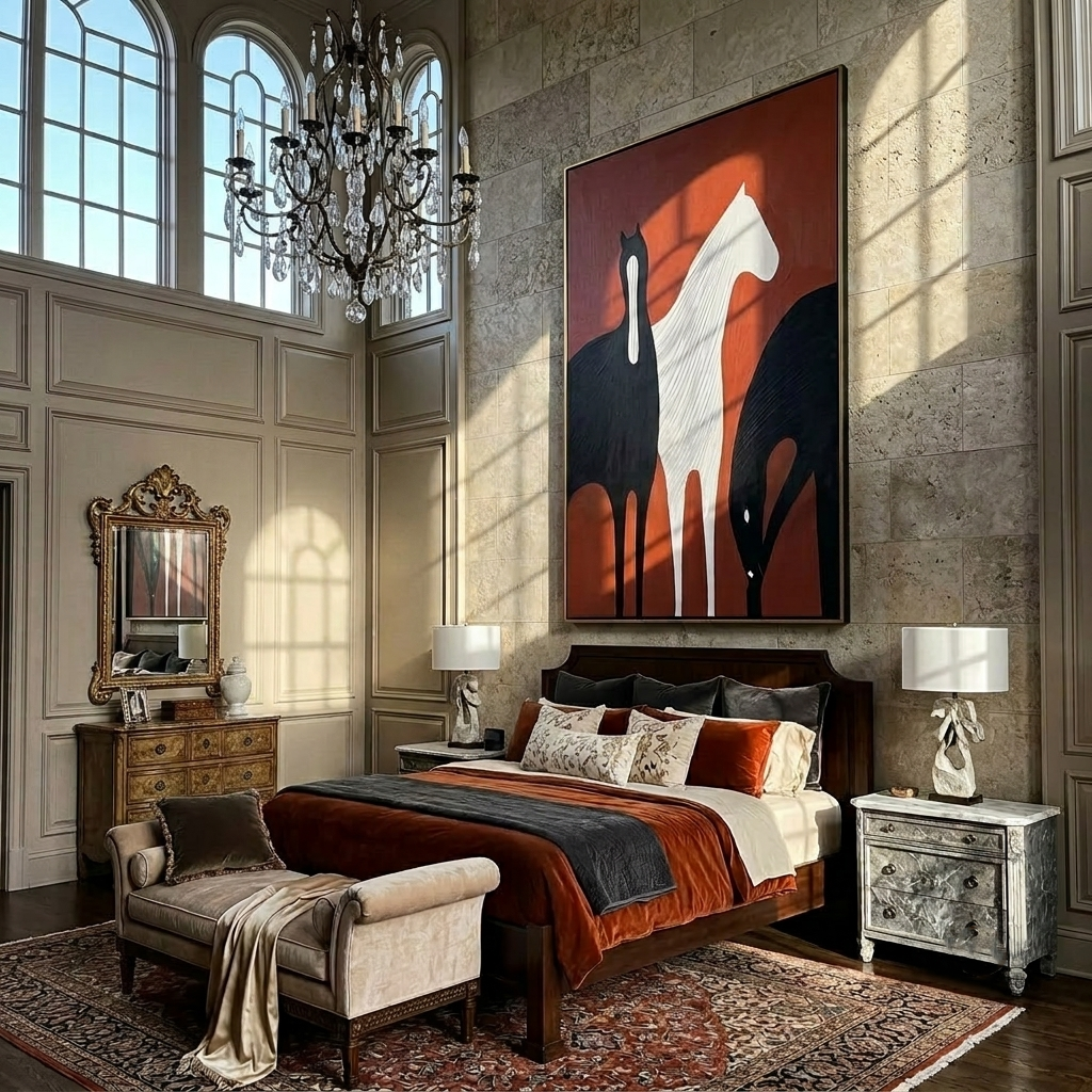 Crimson Equus - Vintage Americana Abstract Horse Trio Painting | Bold Modern Living Room Art