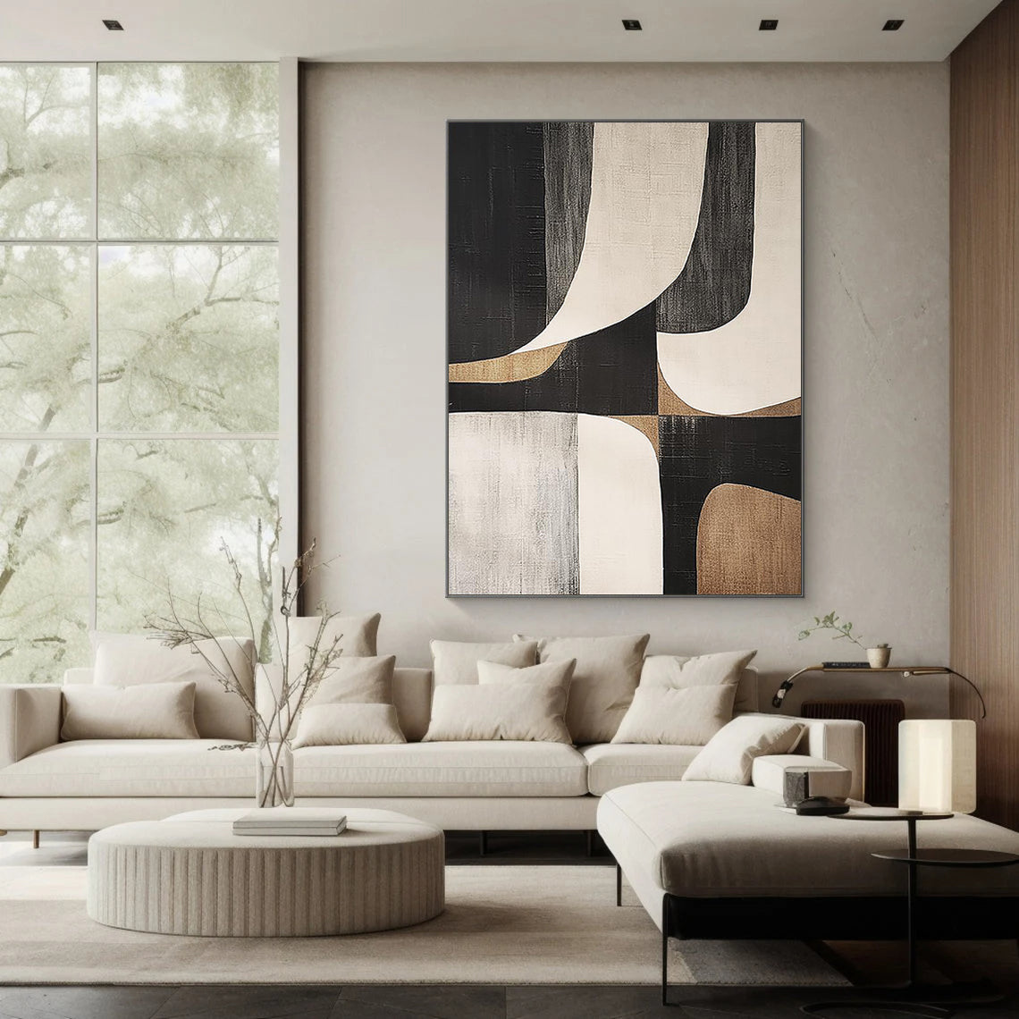 Balanced Geometric – Hand-Painted Black and Beige Minimalist Shapes Wabi-Sabi Painting | Japandi Organic Wabi-Sabi Living Room & Hallway Art
