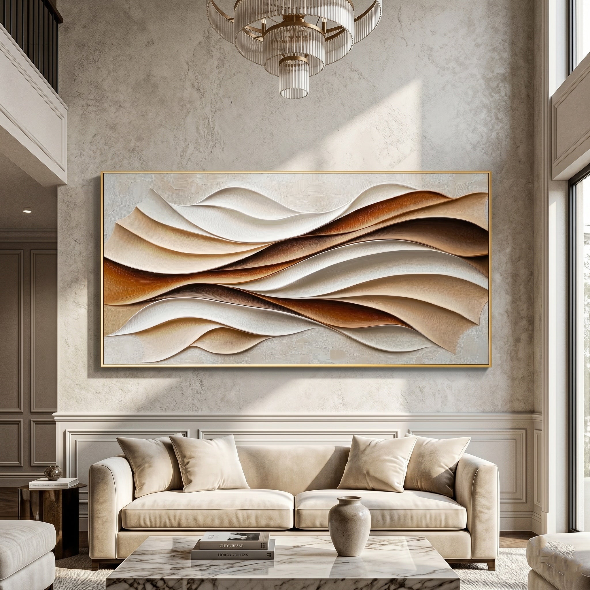 Caramel Contours – Modern Cream & Brown 3D Curved Relief Art | Minimalist Geometric Living Room Art