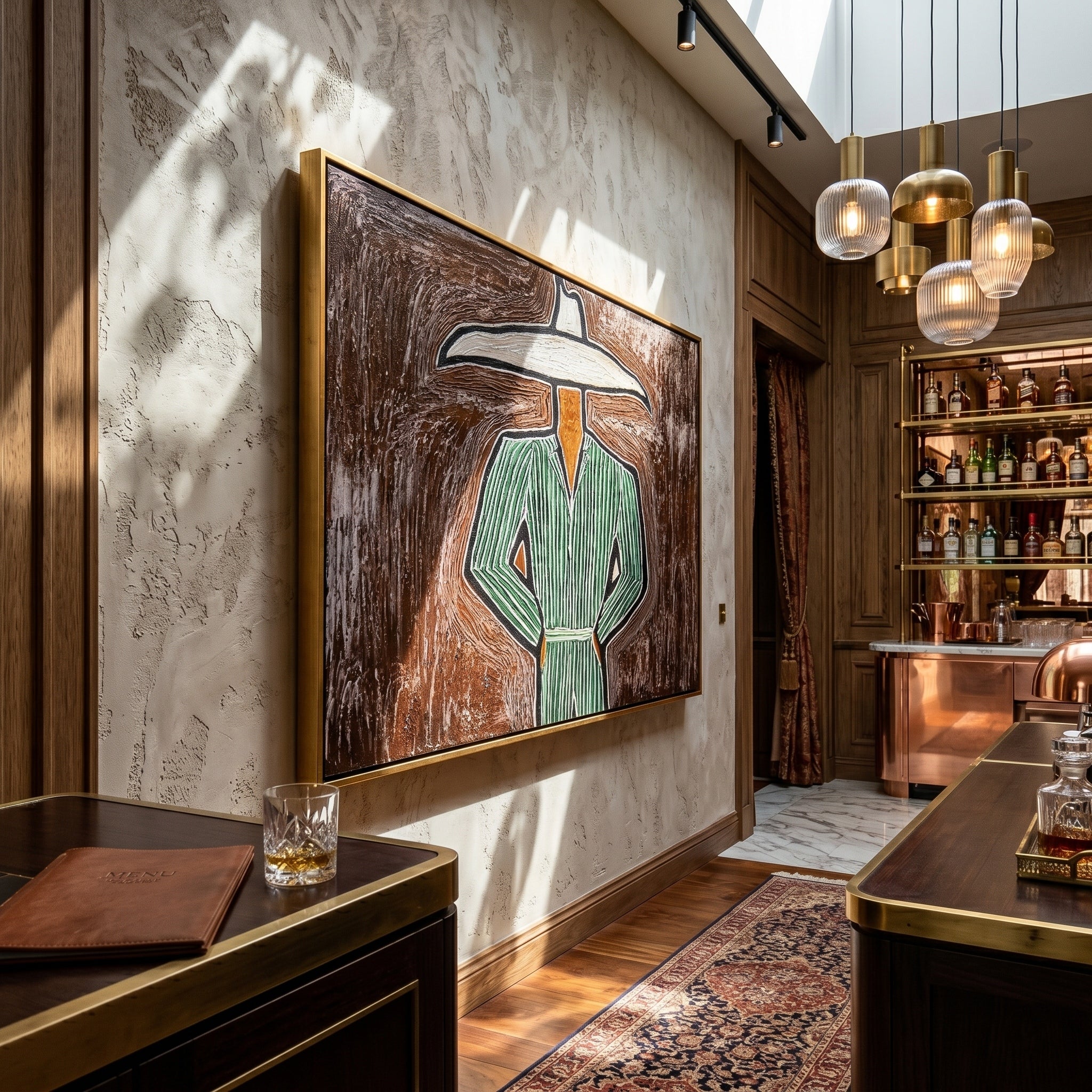 The Wild Domain – Modern Emerald Green Striped Cowboy Painting | Rustic Avant-Garde Hallway Art