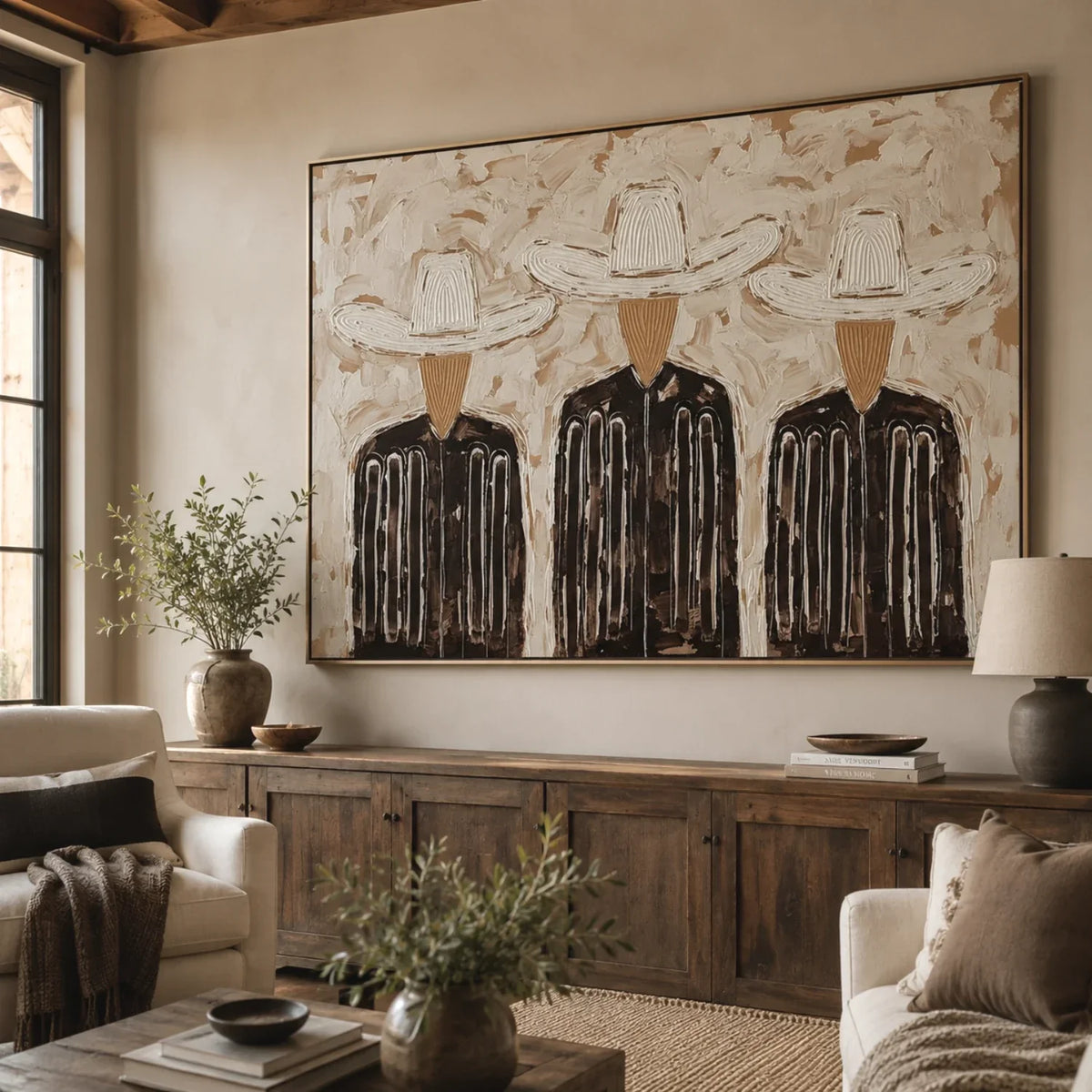 Three Hats in Linen – Textured Three Cowboy Painting | Neutral Horizontal Western Wall Art
