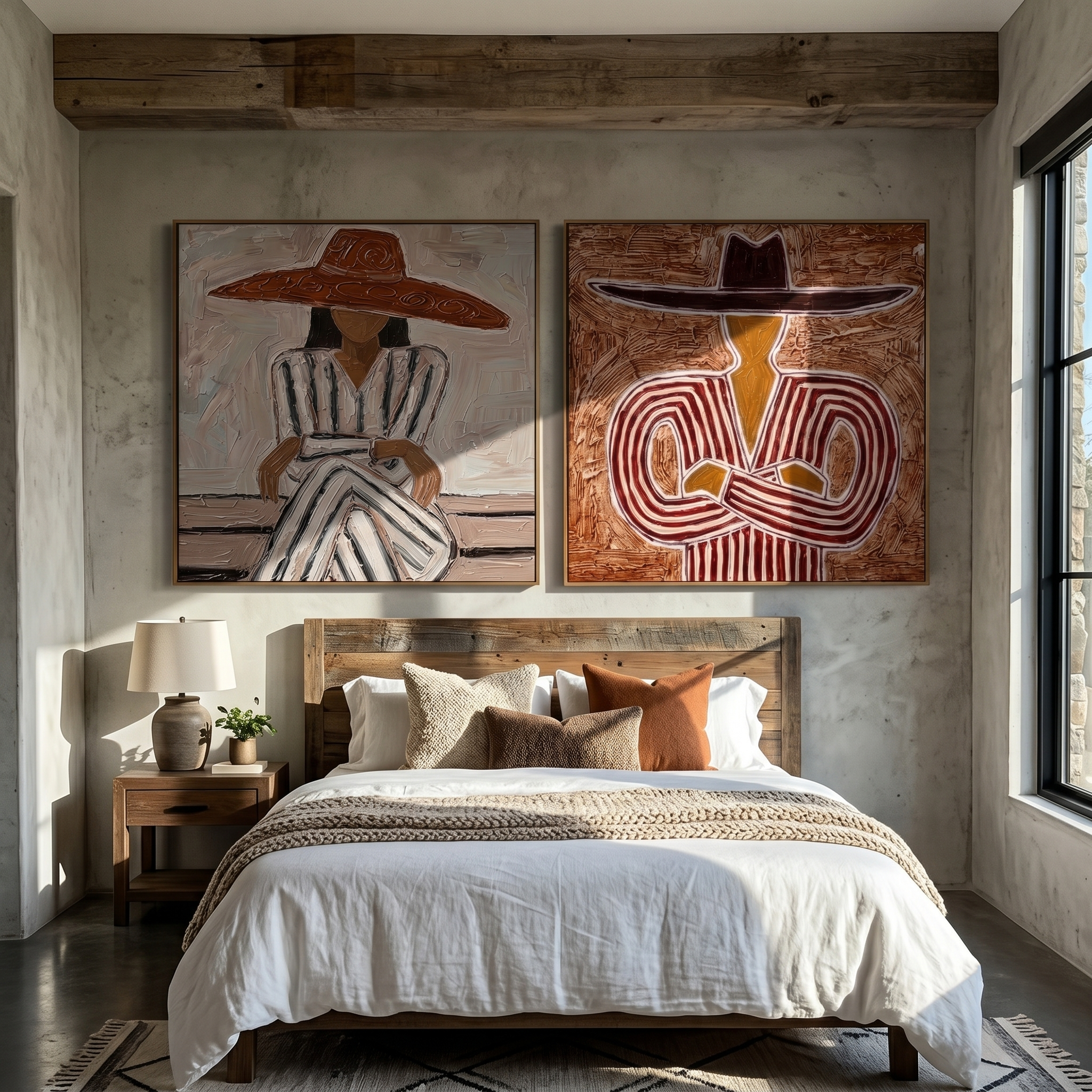 The Sienna Pair – Vintage Americana Diptych Sombrero Portrait Painting | Bold Rustic Living Room Art