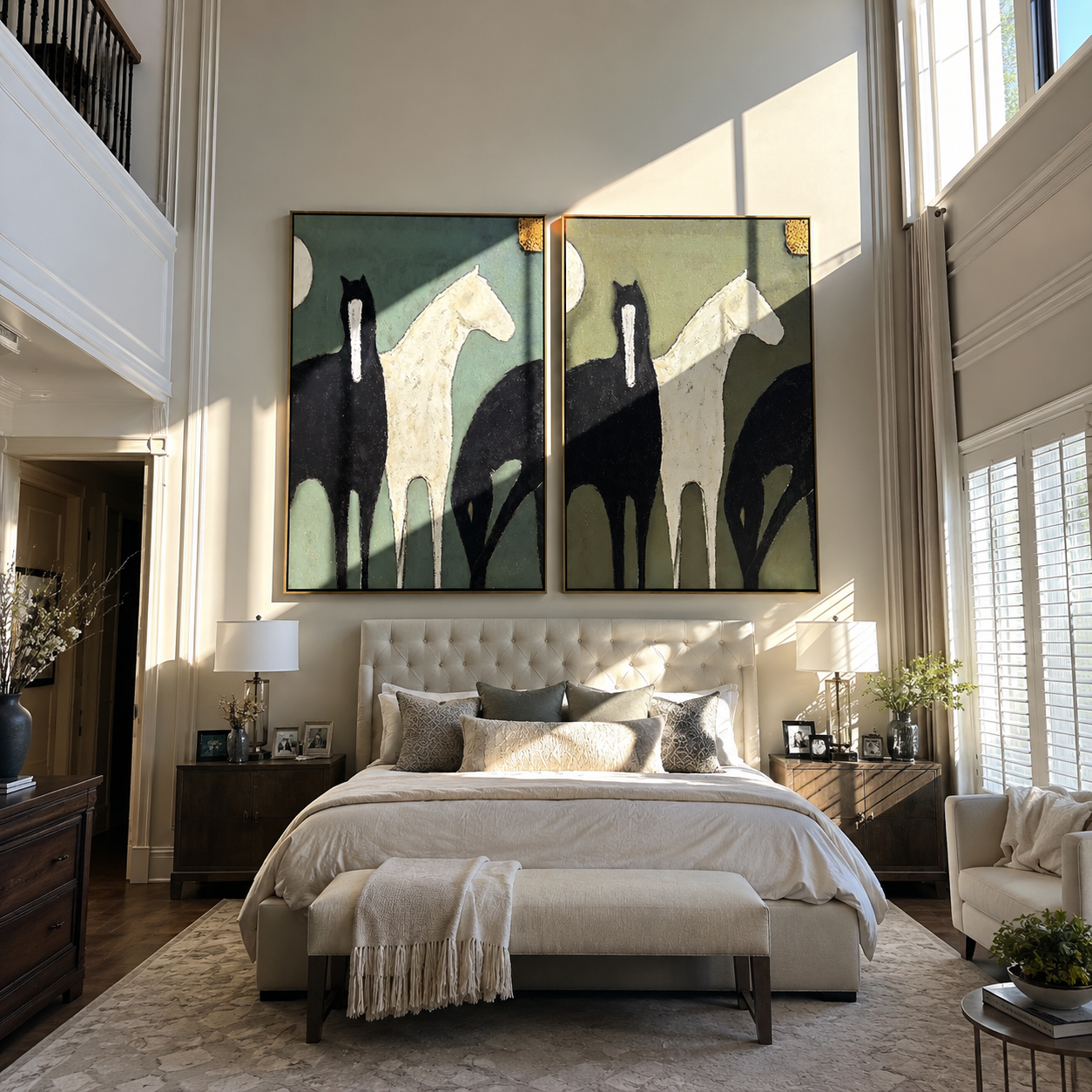 Moon Pair Diptych – Vintage Americana Black & White Horse Two-Panel Painting | Modern Organic Living Room Art
