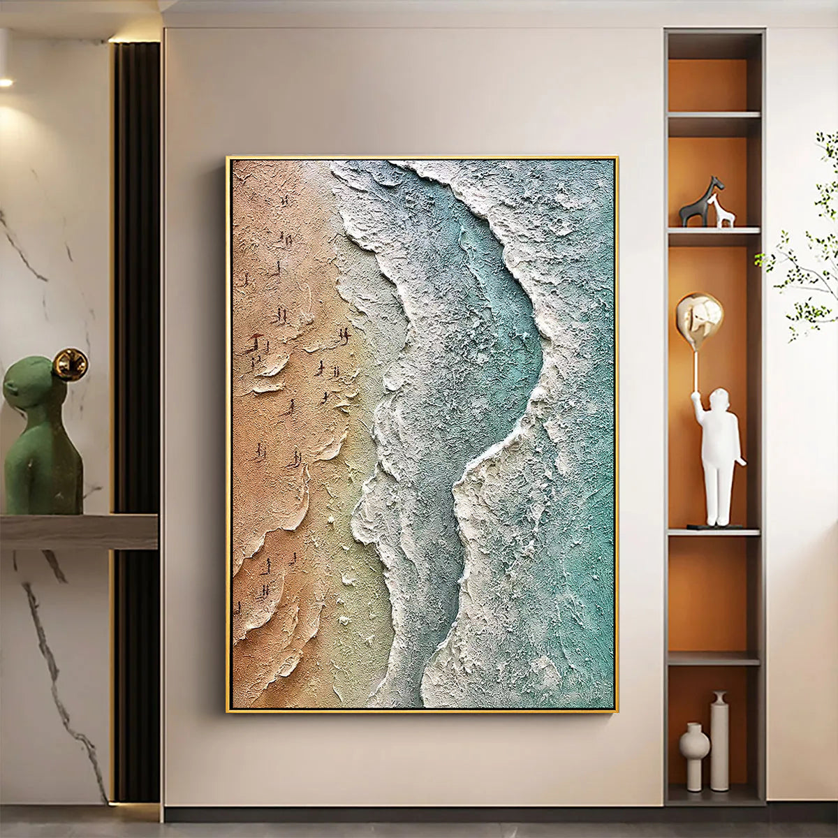 COASTAL RHYTHM: Seascape Wall Art, Hand-Painted Sandy Beach Ocean Wave Relief Textured Gallery Art