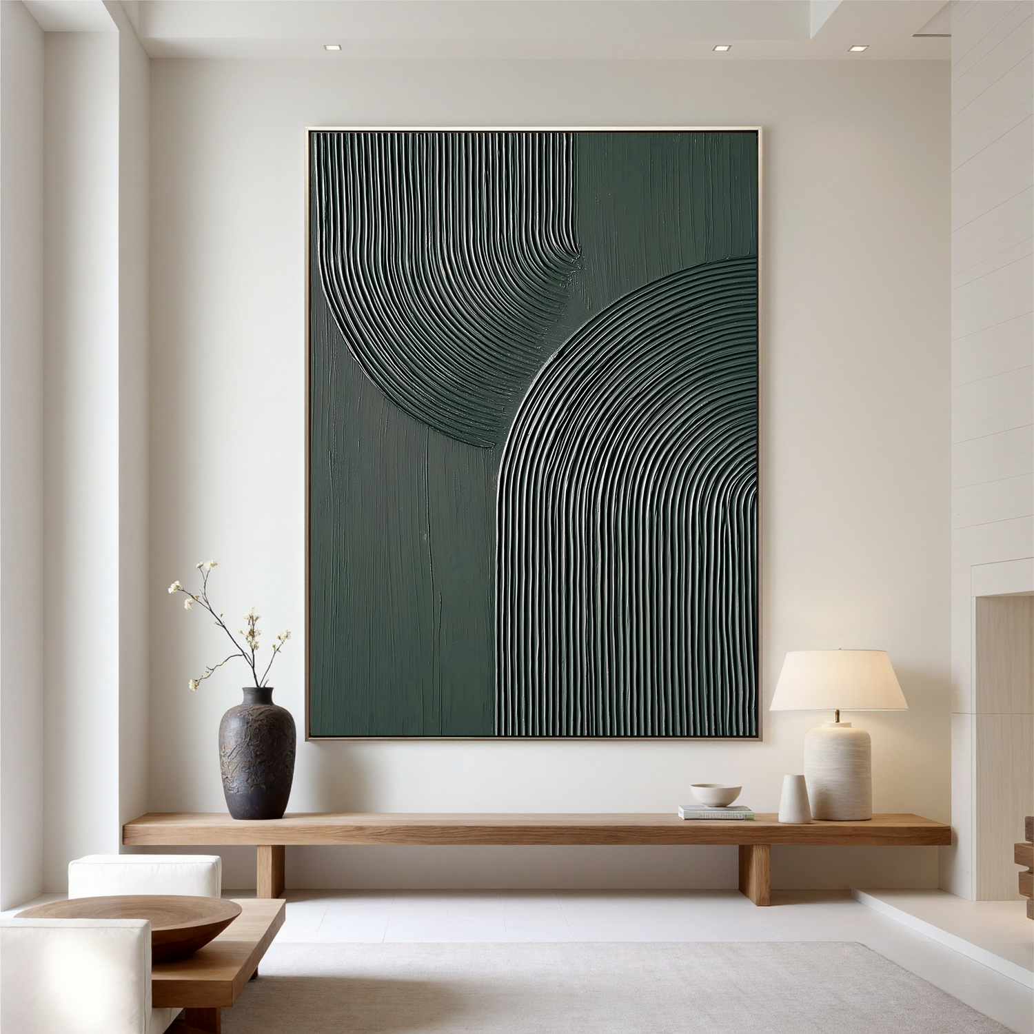 Silent Harmony – Modern Deep Green Textured Painting | Geometric Ribbed Plaster Hallway Art