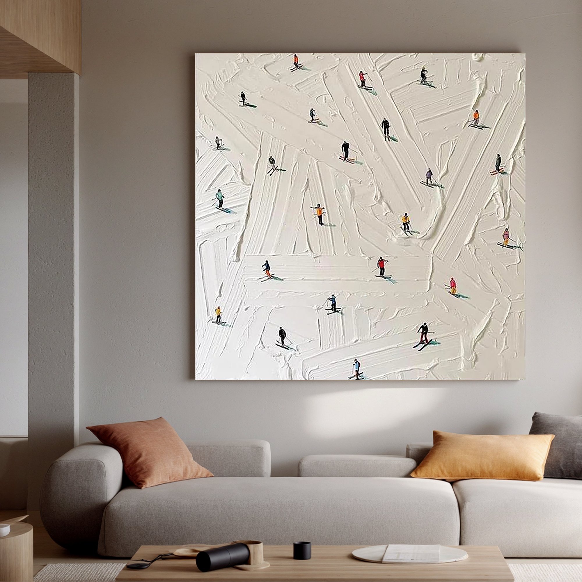 Winter Slopes – Modern Textured Skiing Scene Painting | Minimalist Miniature Figures Entryway Art