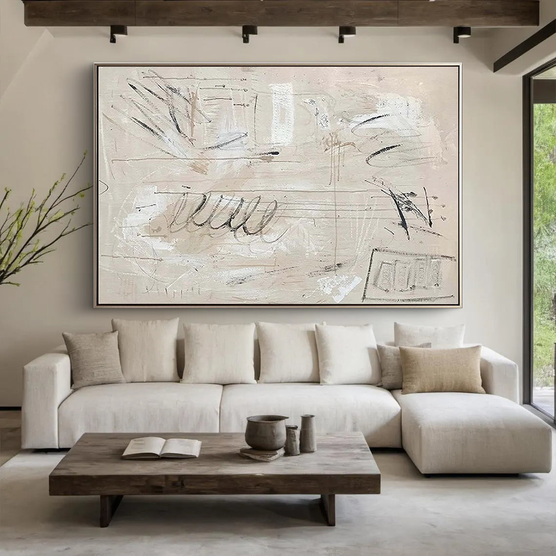 Cream Sketch – Hand-Painted Neutral Beige Abstract Scribble Plaster Effect Wabi-Sabi Painting | Japandi Organic Wabi-Sabi Living Room & Hallway Art