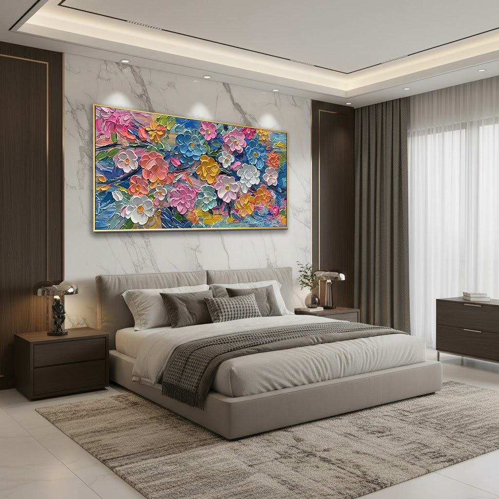 Prismatic Bloom – Hand-Painted Vibrant Multicolored 3D Impasto Palette Knife Floral Painting | Vibrant Botanical Living Room & Dining Room Art