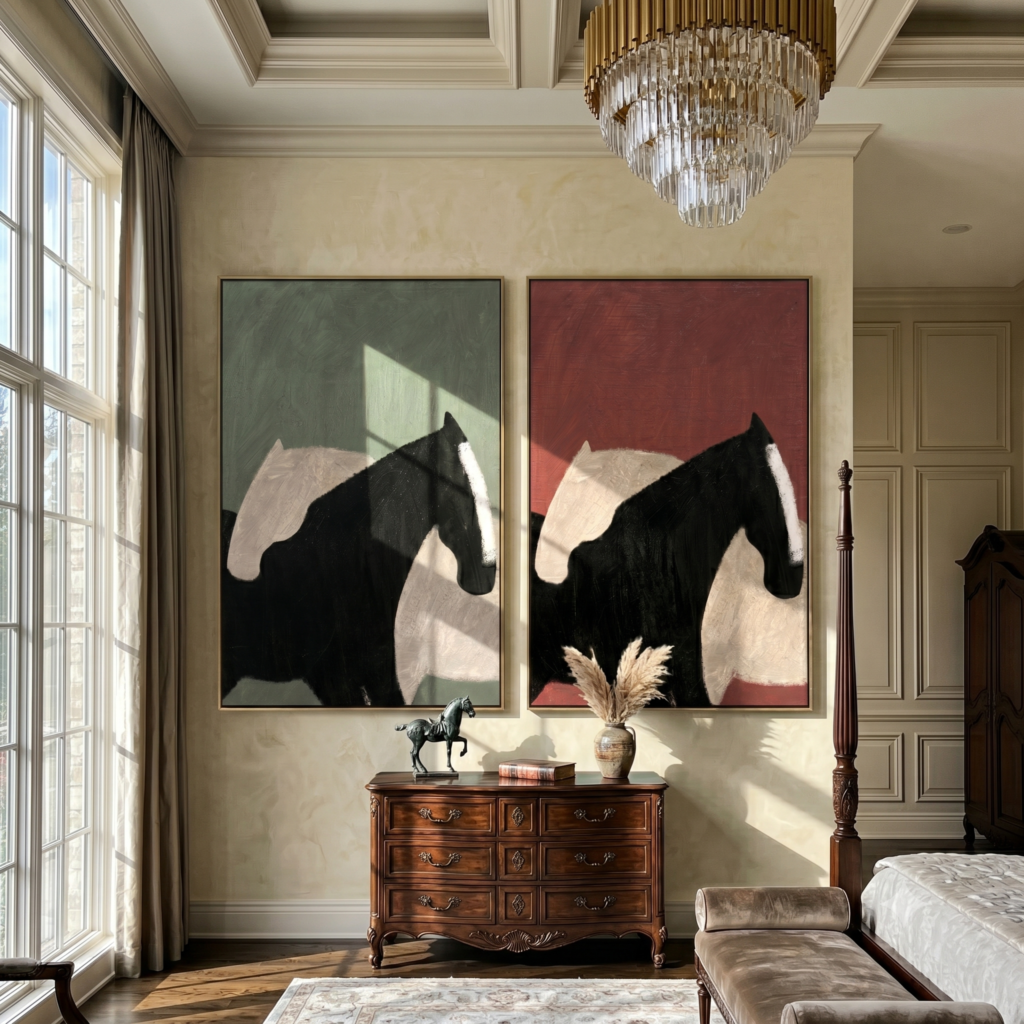 Dark Horse Diptych – Vintage Americana Abstract Black Horse Two-Panel Painting | Contemporary Modern Living Room Art