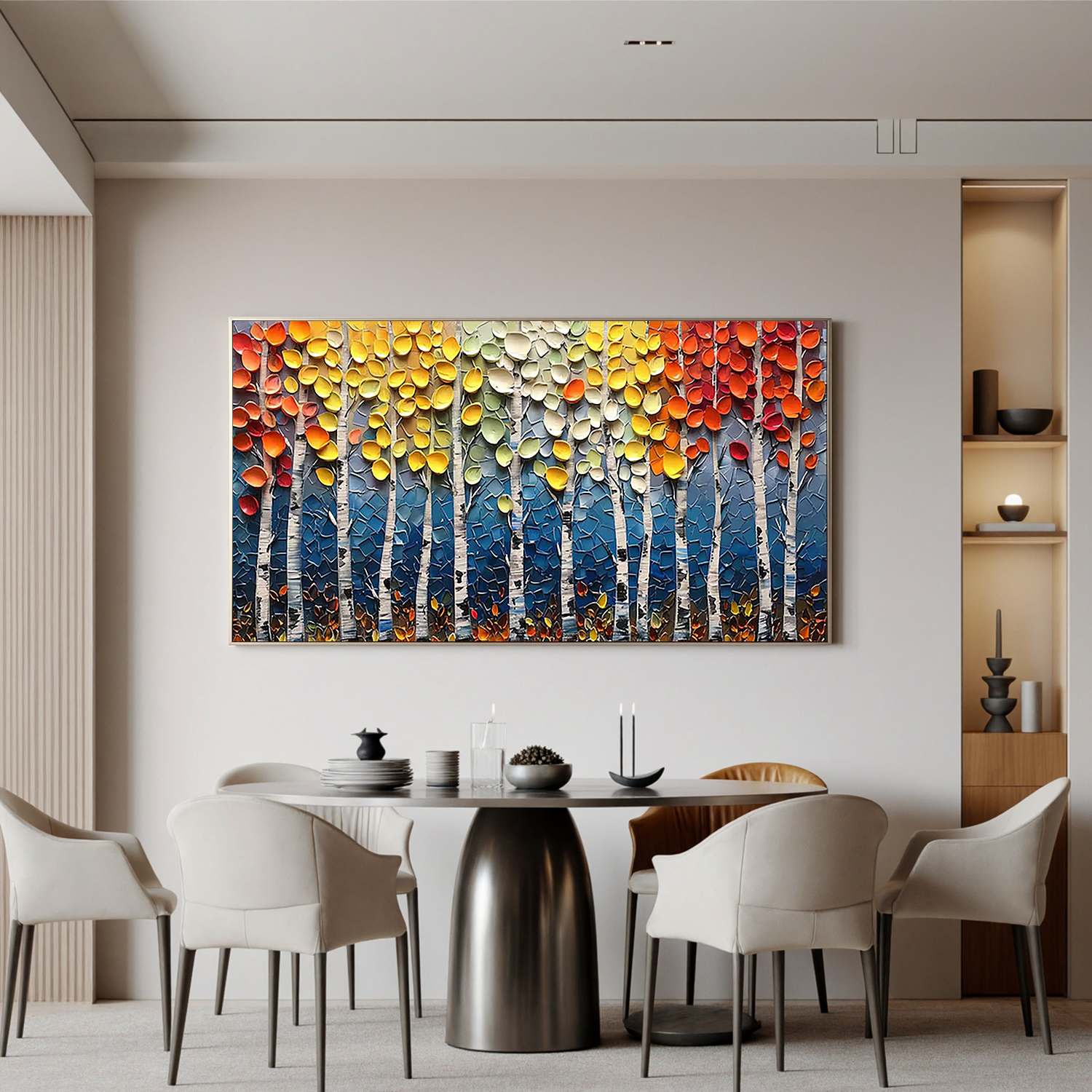 Autumn Symphony - Modern Impasto Vibrant Birch Forest Art | Cozy Living Room Panoramic Wall Decor