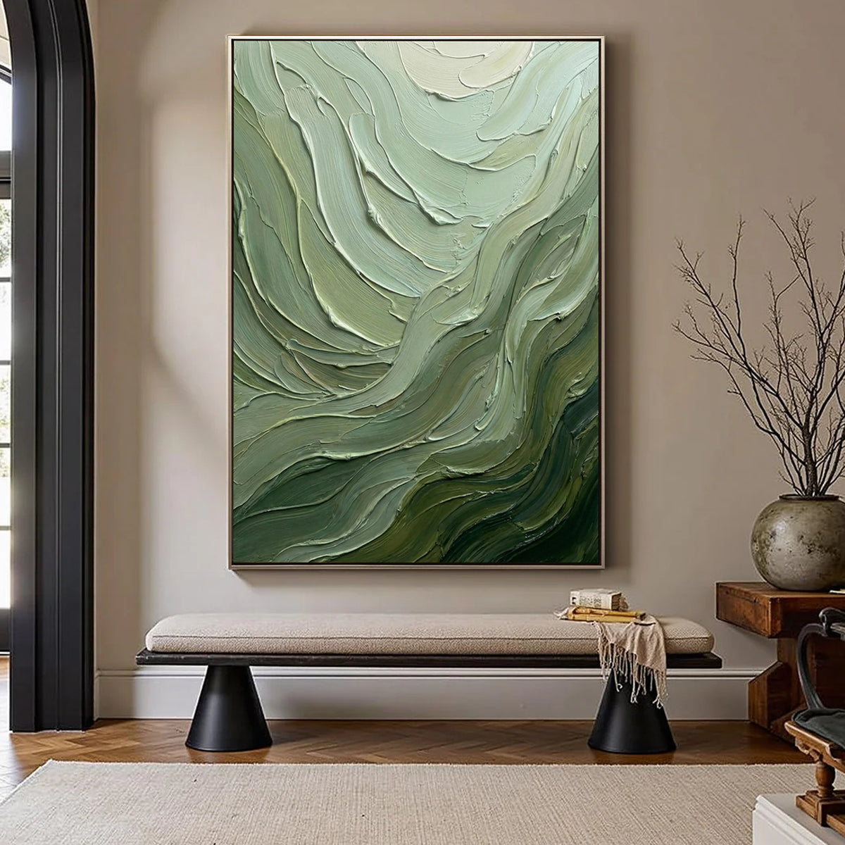 Verdant Flow – Hand-Painted Sage Green and Olive Wave Palette Knife Texture Painting | Modern Abstract Living Room & Office Art