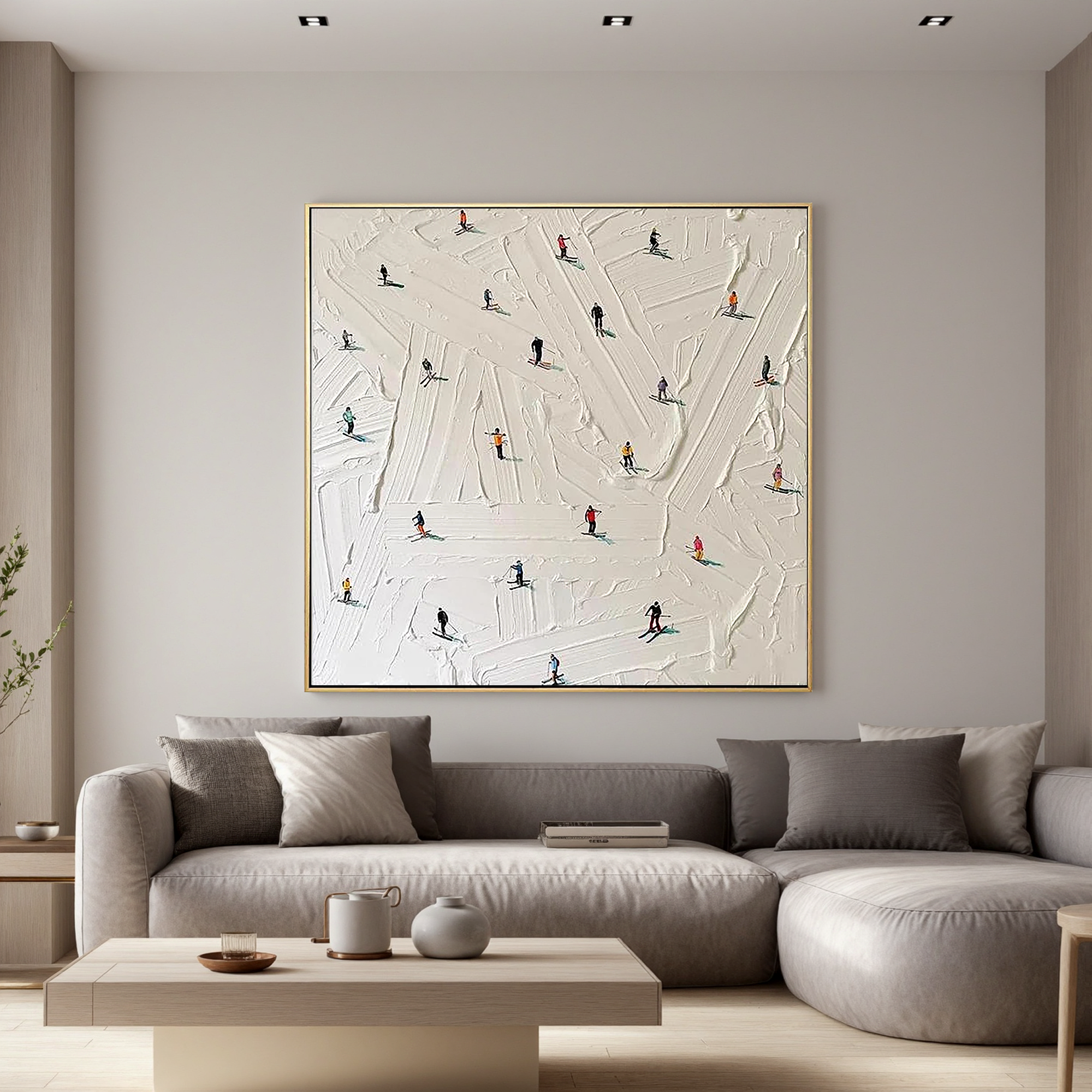 Winter Slopes – Modern Textured Skiing Scene Painting | Minimalist Miniature Figures Entryway Art