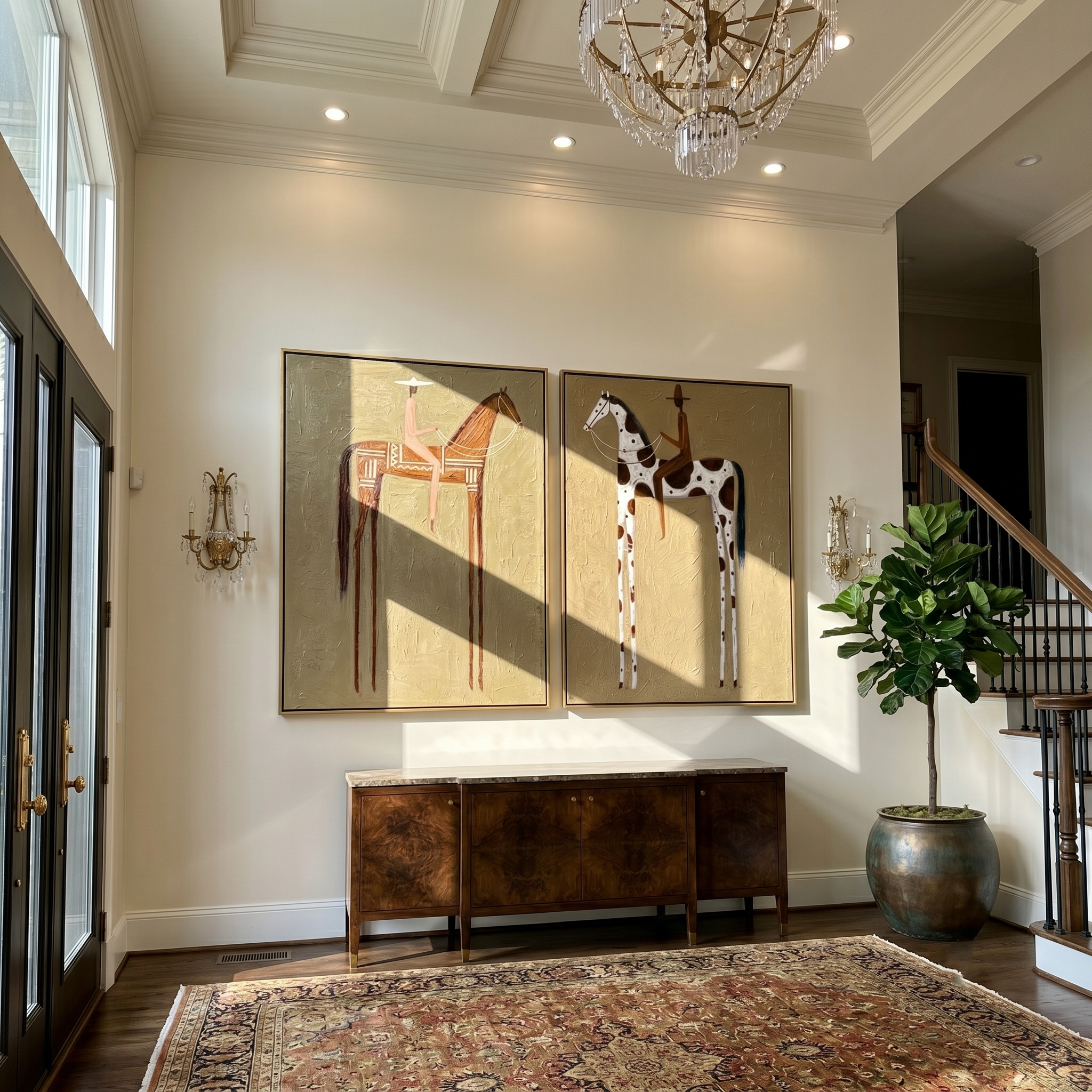 Gold Terrain Diptych – Vintage Americana Two Folk Riders Two-Panel Painting | Farmhouse Living Room Art