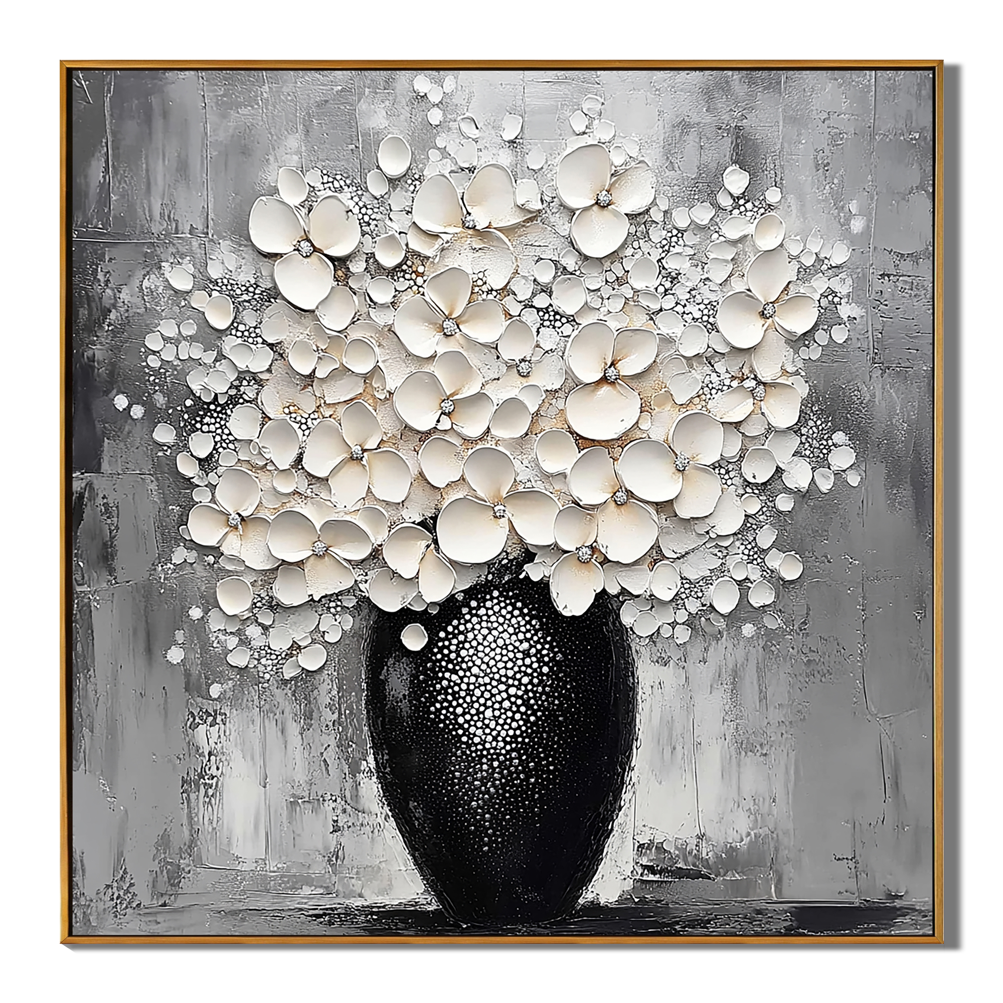 Blossoms in Relief – Modern Textured Floral Bouquet Painting | Luxury Black and White Still Life Vase Dining Room Art