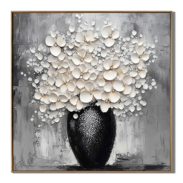 Blossoms in Relief – Modern Textured Floral Bouquet Painting | Luxury Black and White Still Life Vase Dining Room Art