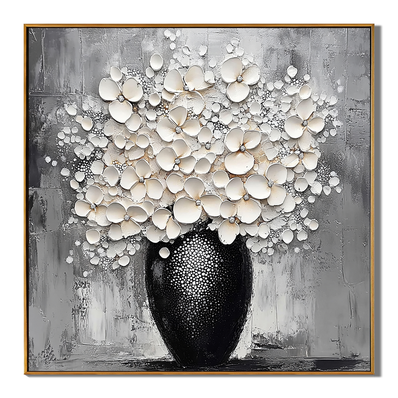 Blossoms in Relief – Modern Textured Floral Bouquet Painting | Luxury Black and White Still Life Vase Dining Room Art