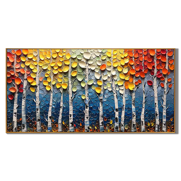 Autumn Symphony – Modern Impasto Vibrant Birch Forest Art | Cozy Living Room Panoramic Wall Decor