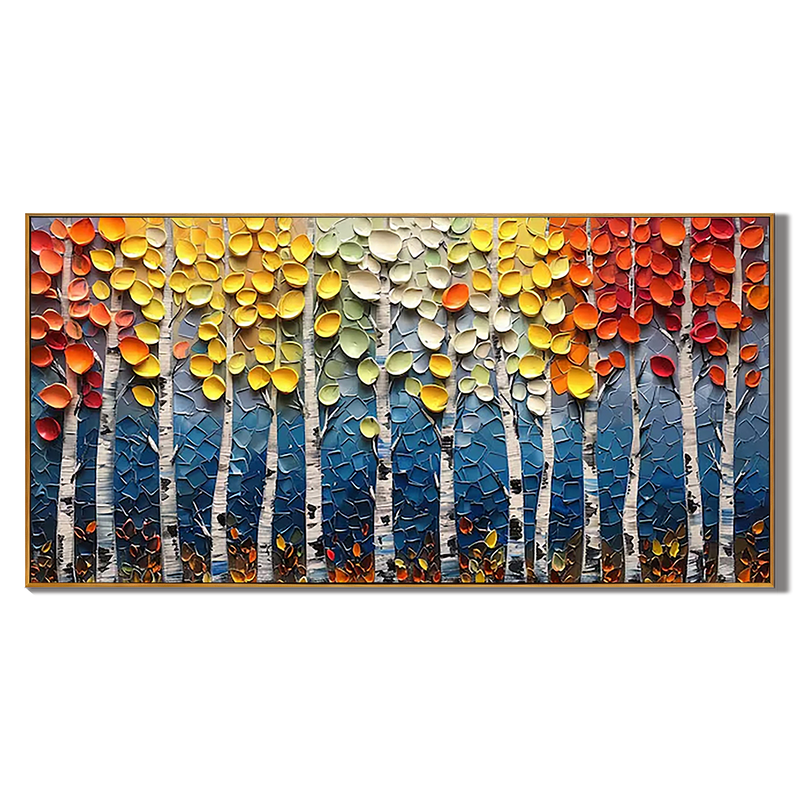 Autumn Symphony – Modern Impasto Vibrant Birch Forest Art | Cozy Living Room Panoramic Wall Decor