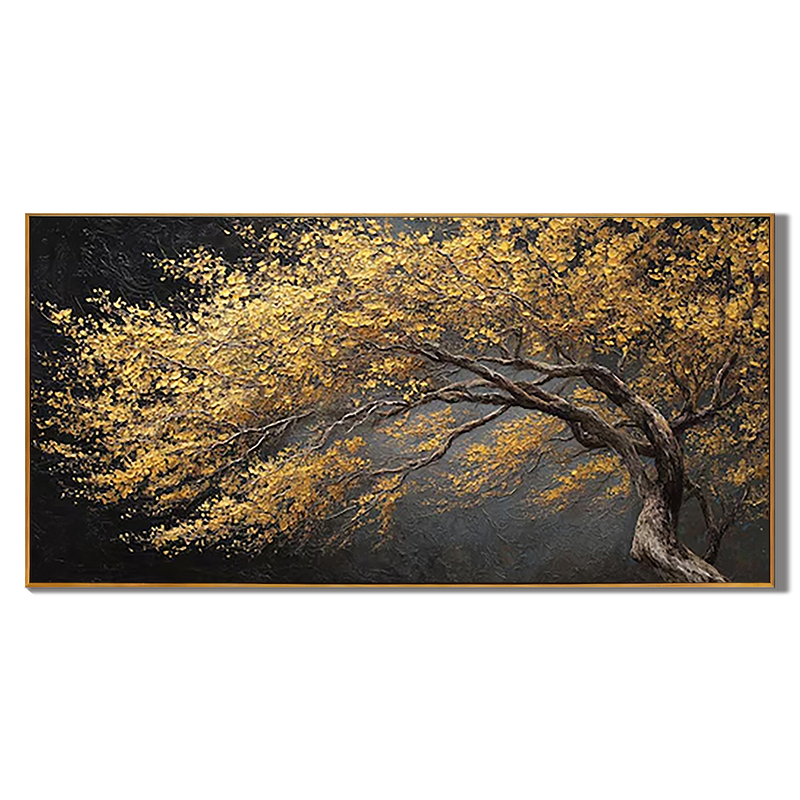 Golden Canopy – Luxury Metallic Tree of Life Painting | Horizontal Gold Leaf Impasto Living Room Art