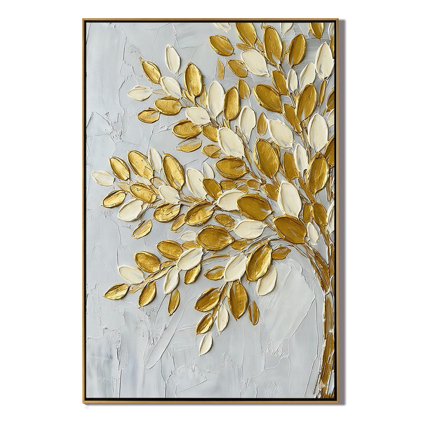 Gilded Prosperity – Modern Metallic Botanical Painting | Impasto Gold Leaf Tree Canvas Living Room Art