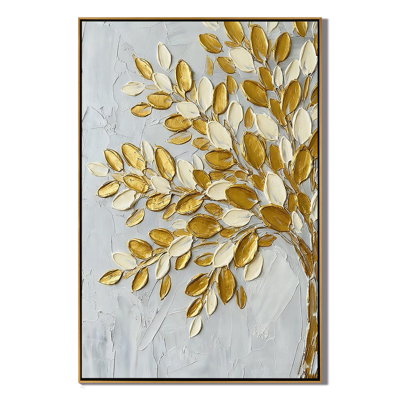 Gilded Prosperity – Modern Metallic Botanical Painting | Impasto Gold Leaf Tree Canvas Living Room Art